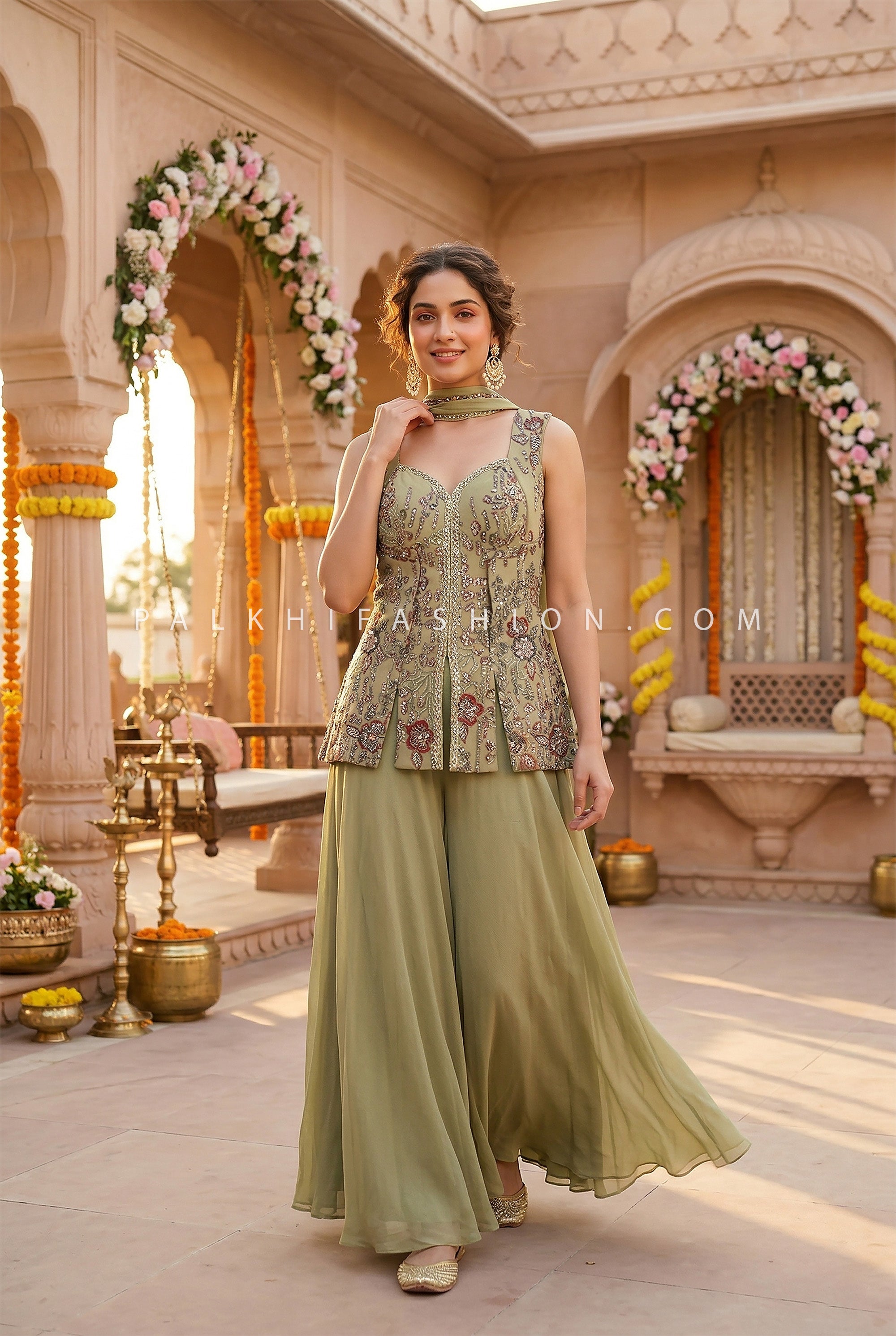 Soft Sage Glam – Olive Green Georgette Handwork Palazzo Outfit – Palkhi Fashion