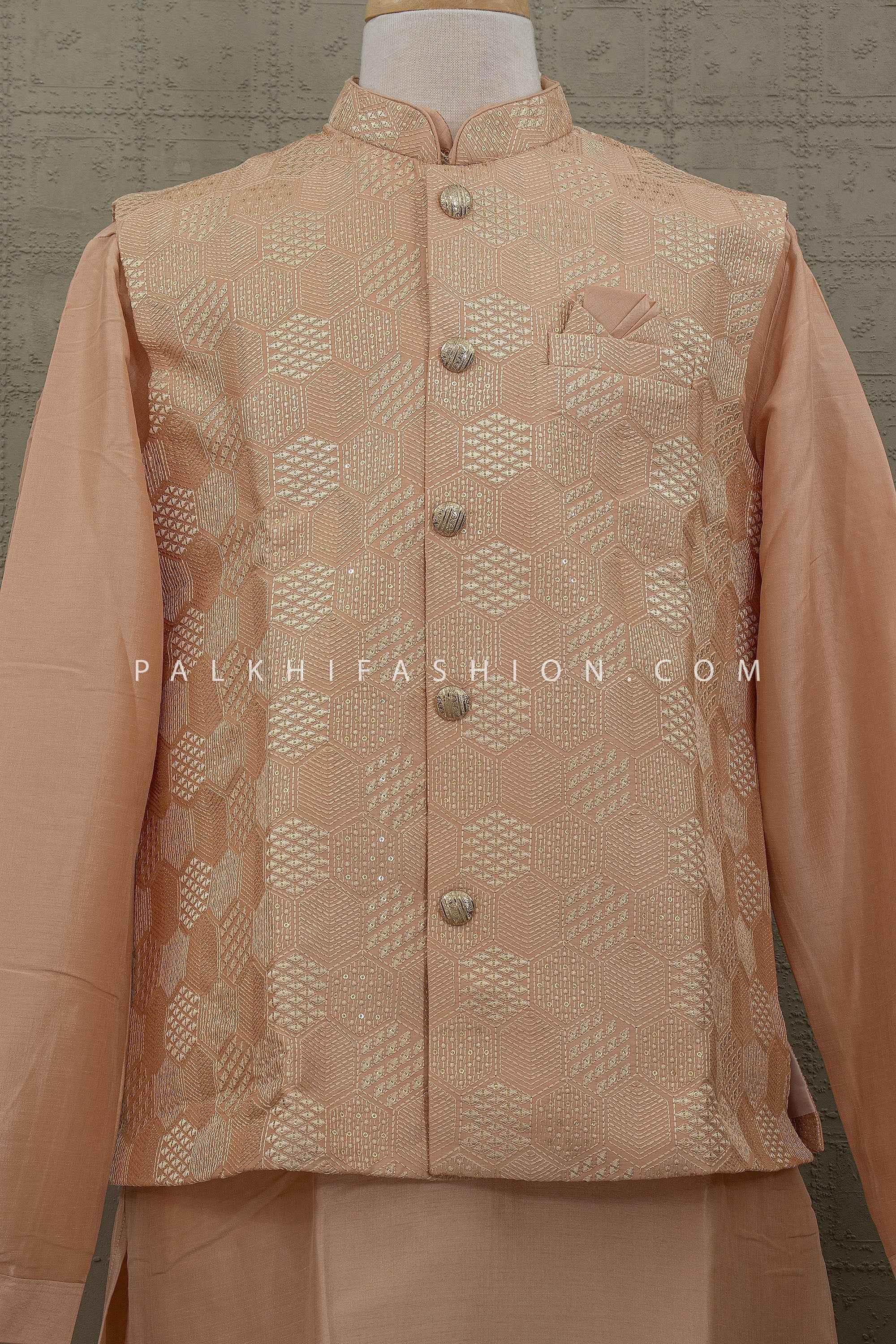 Soft Wedding Charm – Peach Jacquard Nehru Jacket Kurta Set – Palkhi Fashion
