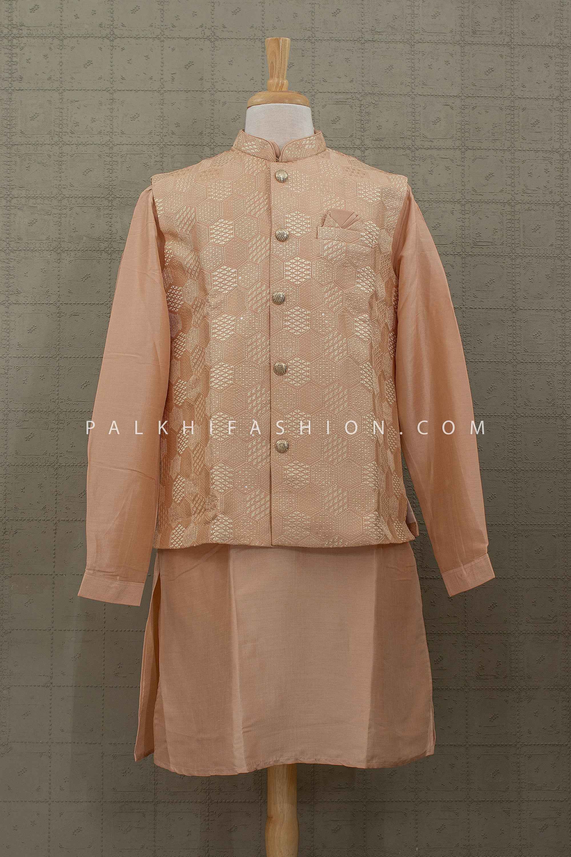 Soft Wedding Charm – Peach Jacquard Nehru Jacket Kurta Set – Palkhi Fashion
