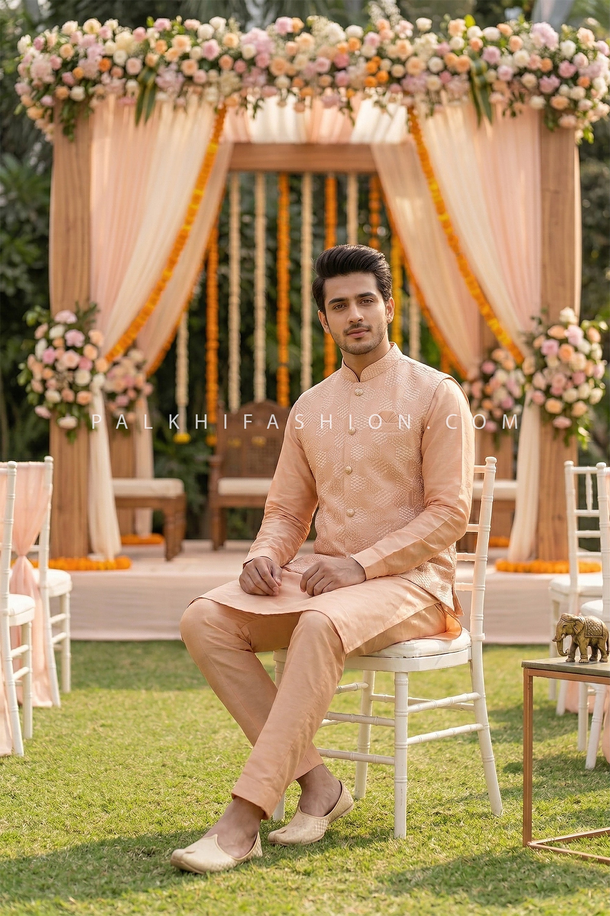 Soft Wedding Charm – Peach Jacquard Nehru Jacket Kurta Set – Palkhi Fashion