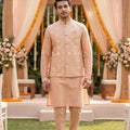 Soft Wedding Charm – Peach Jacquard Nehru Jacket Kurta Set – Palkhi Fashion