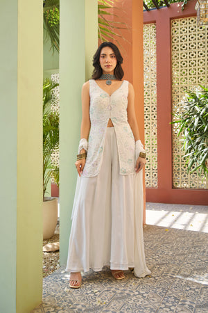 ✨ Spotlight Chic: White Indo Western Palazzo Set with Beaded Embroidery – Palkhi Fashion
