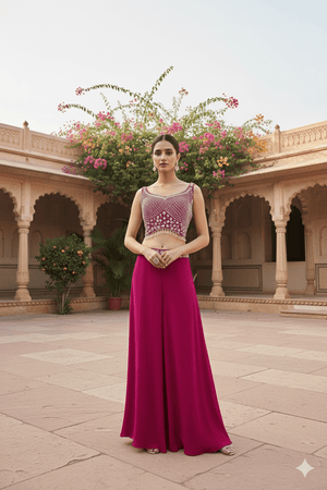💗 Spotlight Ready: Rani Pink Designer Palazzo Set with Heavily Embellished Blouse – Palkhi Fashion