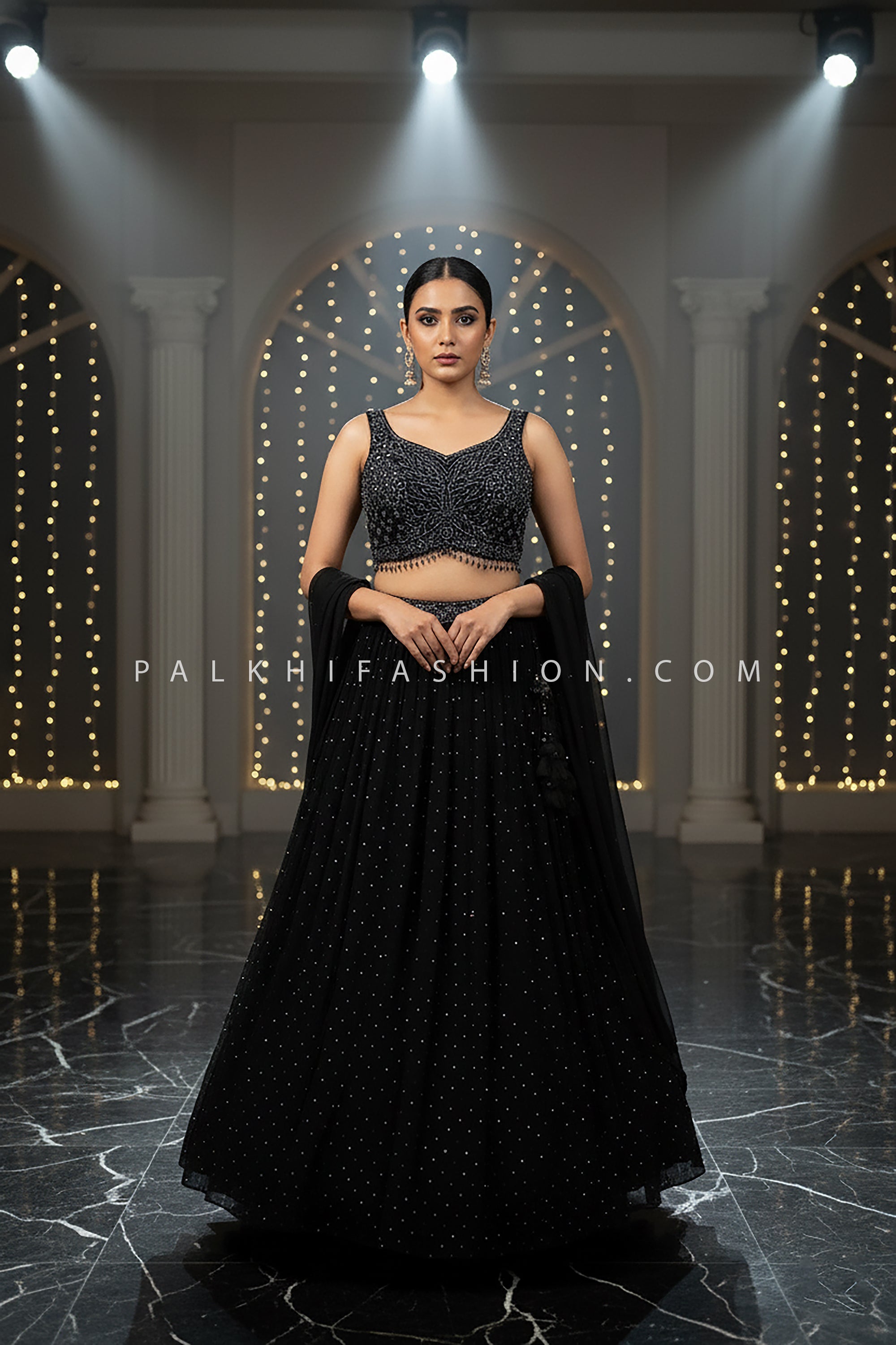 🖤 Starlit Noir: Black Georgette Handwork Lehenga Choli Set by Palkhi Fashion