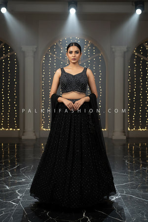 🖤 Starlit Noir: Black Georgette Handwork Lehenga Choli Set by Palkhi Fashion