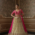 Statement Wedding Guest - Fuchsia Pink & Champagne Bead Embroidered Lehenga Set