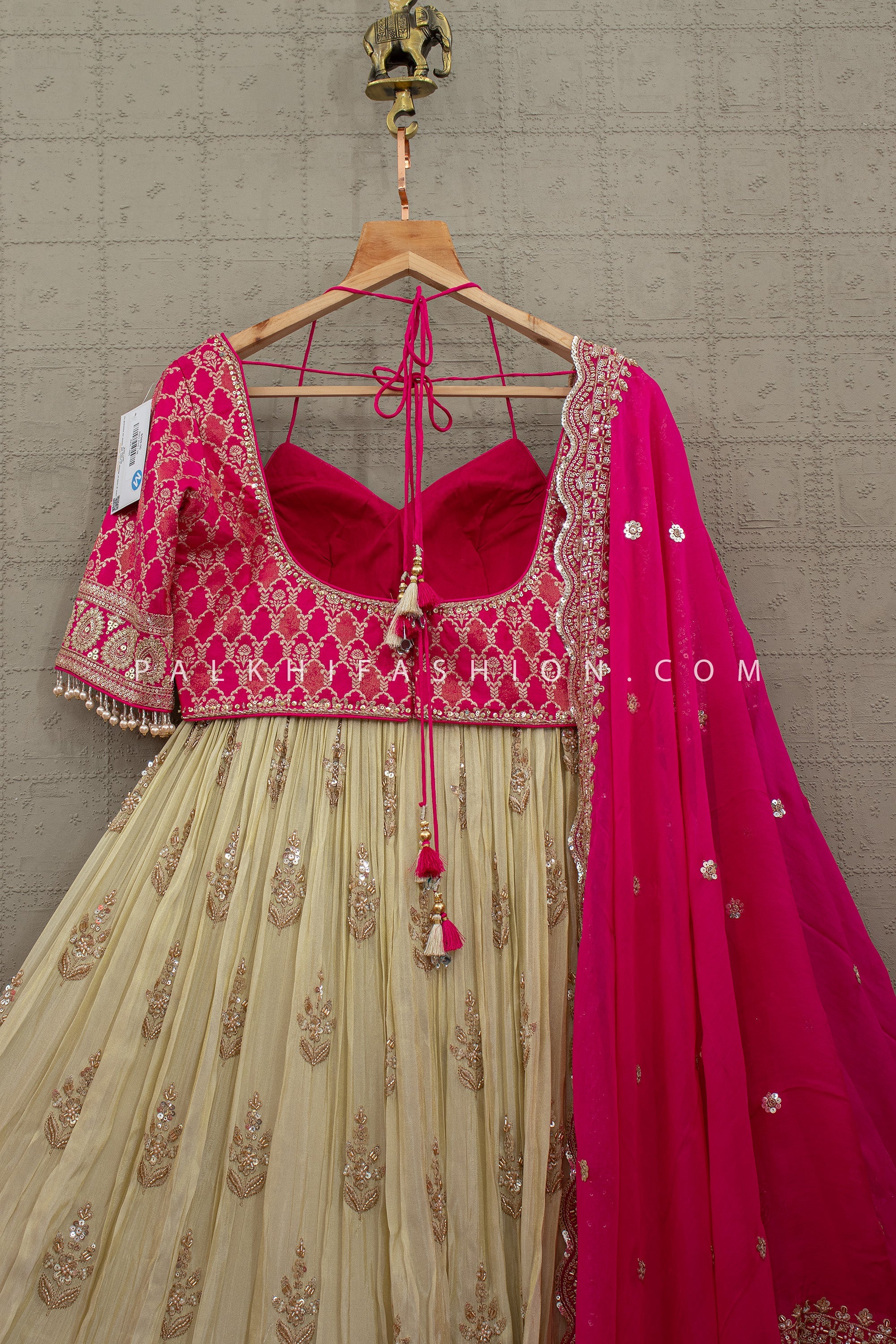 Statement Wedding Guest - Fuchsia Pink & Champagne Bead Embroidered Lehenga Set