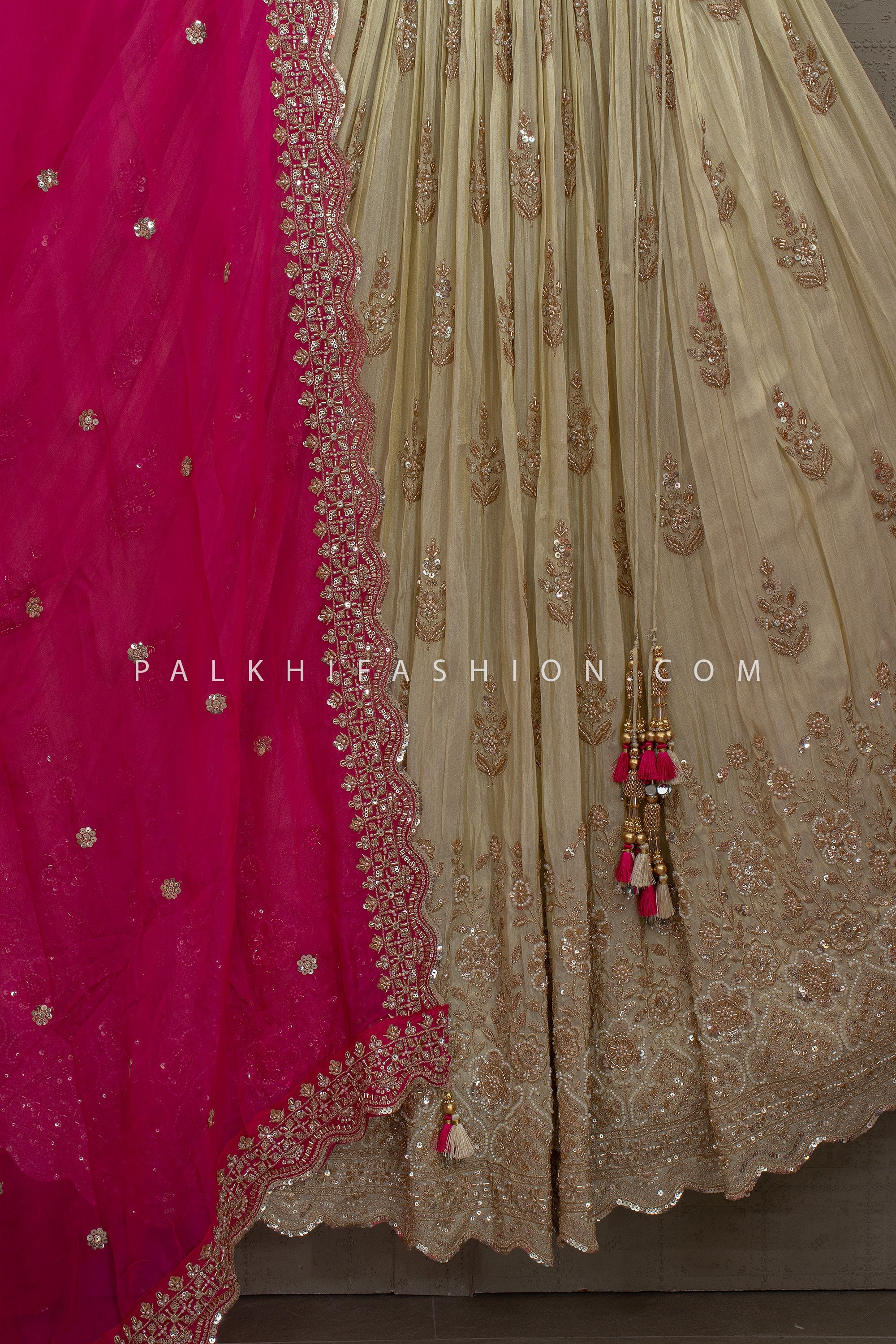 Statement Wedding Guest - Fuchsia Pink & Champagne Bead Embroidered Lehenga Set