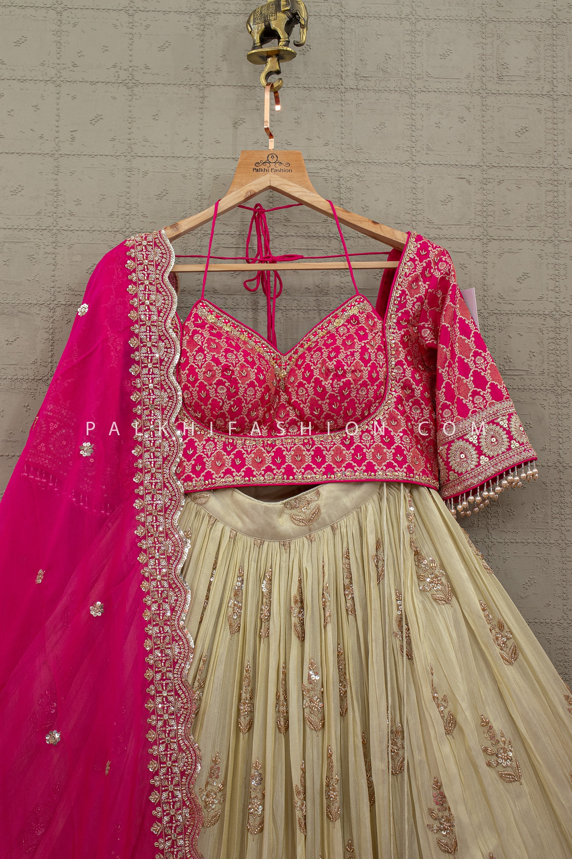 Statement Wedding Guest - Fuchsia Pink & Champagne Bead Embroidered Lehenga Set