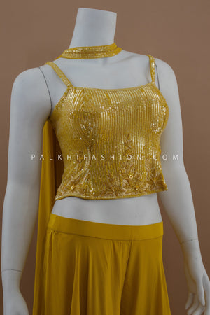Subtle Mustard Crop Top Palazzo Suit with Handwork – Palkhi Fashion