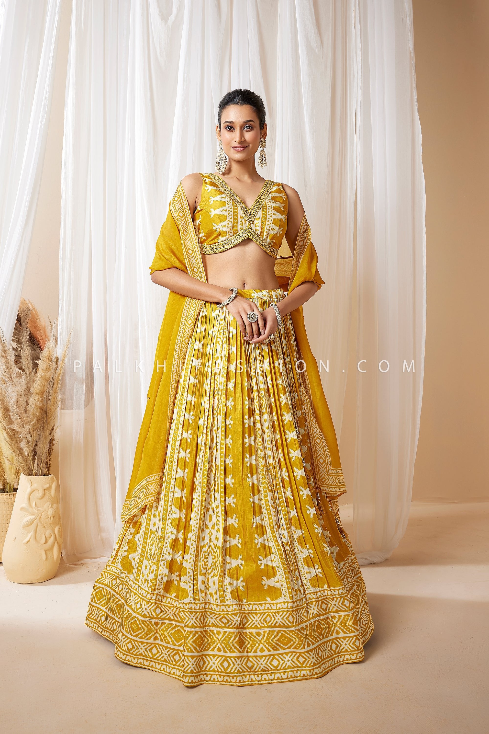 Sunlit Haldi Radiance: Mustard Yellow Bandhani Print Lehenga Set with Mirror Blouse – Palkhi Fashion Houston
