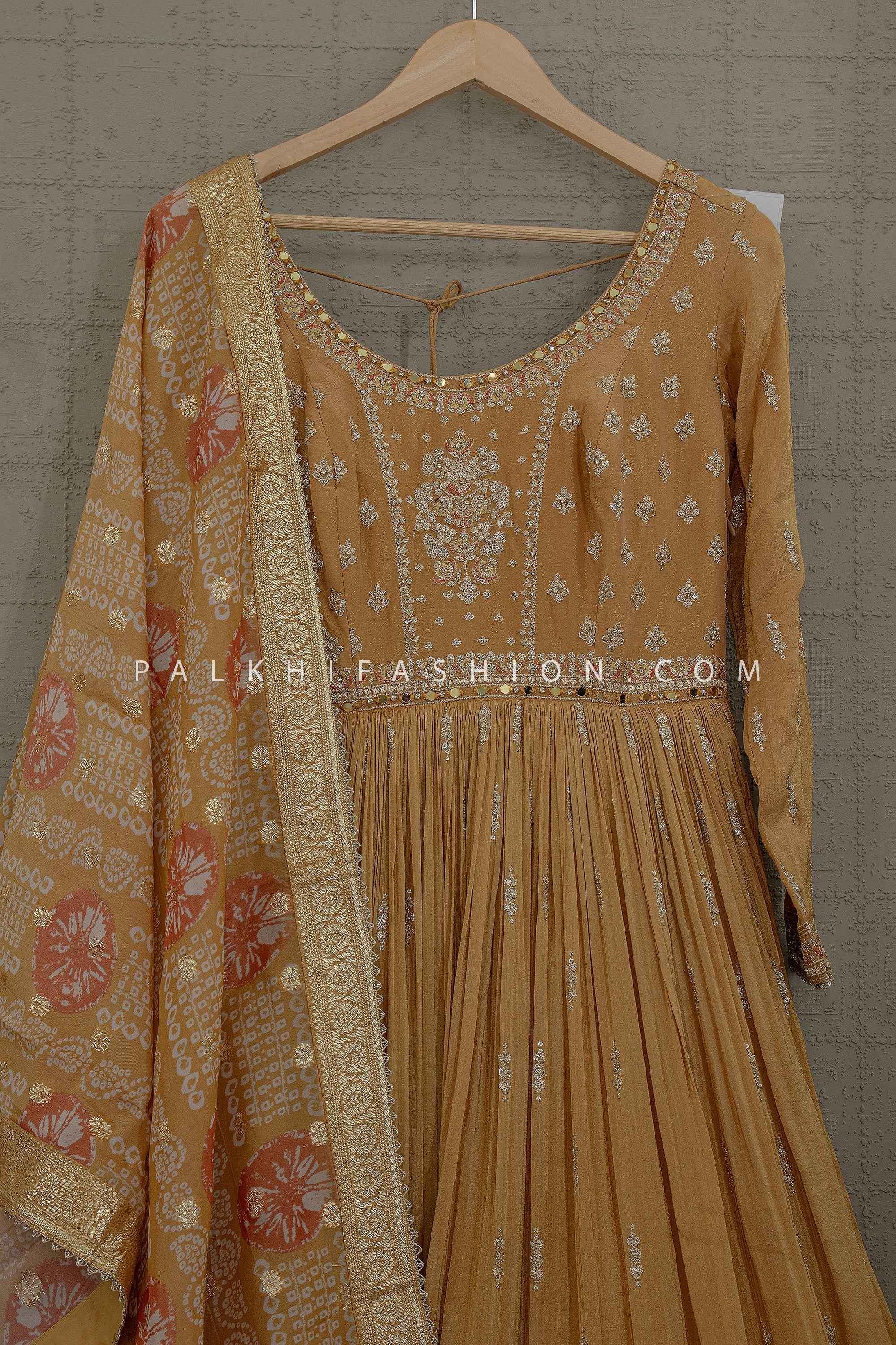 Sunlit Heritage Glow – Mustard Chinon Silk Anarkali Gown With Bandhani Silk Dupatta