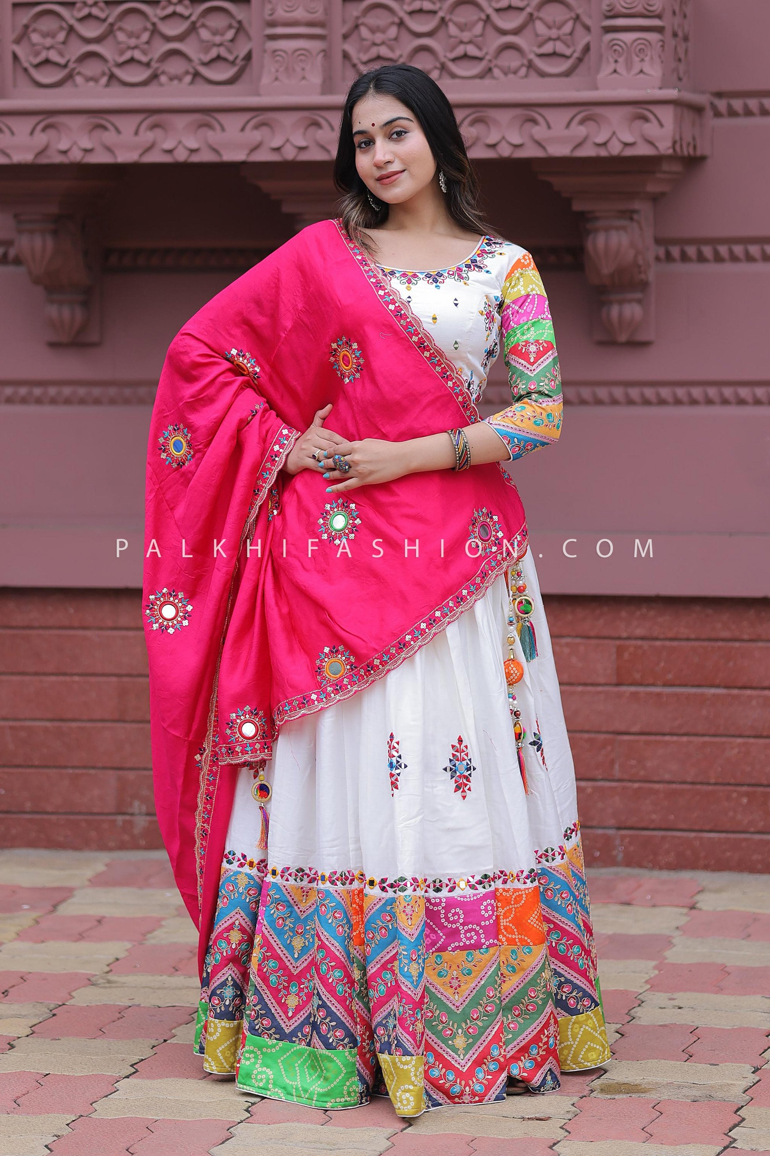 Sunshine Charm: White Premium Chaniya Choli with Multicolor Embroidery – Palkhi Fashion