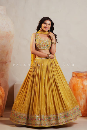 Sunshine Glam: Yellow/Mustard Pure Silk Lehenga Choli with Gota & Multicolor Handwork – Palkhi Fashion