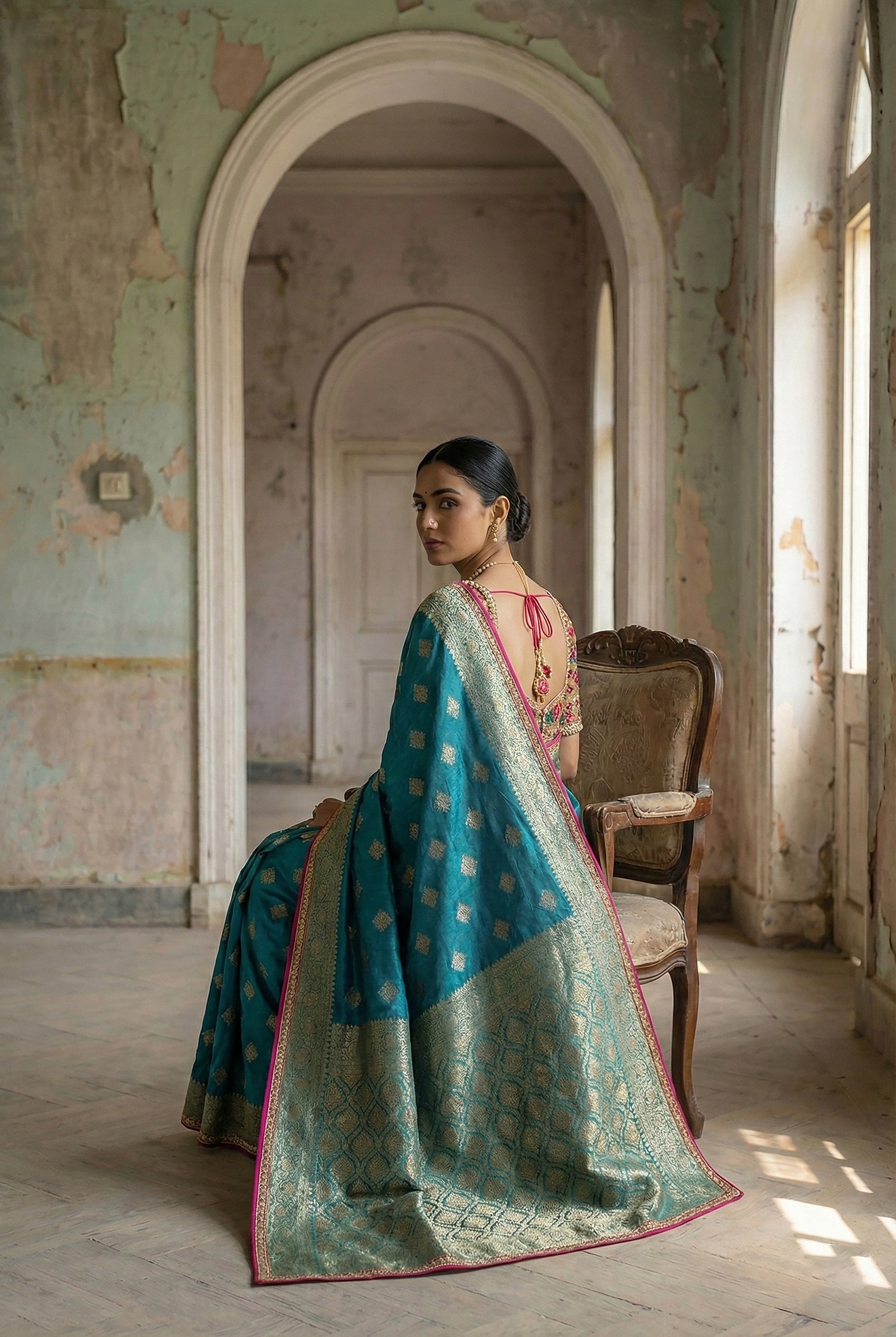 Teal Banarasi Silk Saree with Patola Silk Handworked Blouse – Palkhi Fashion Houston