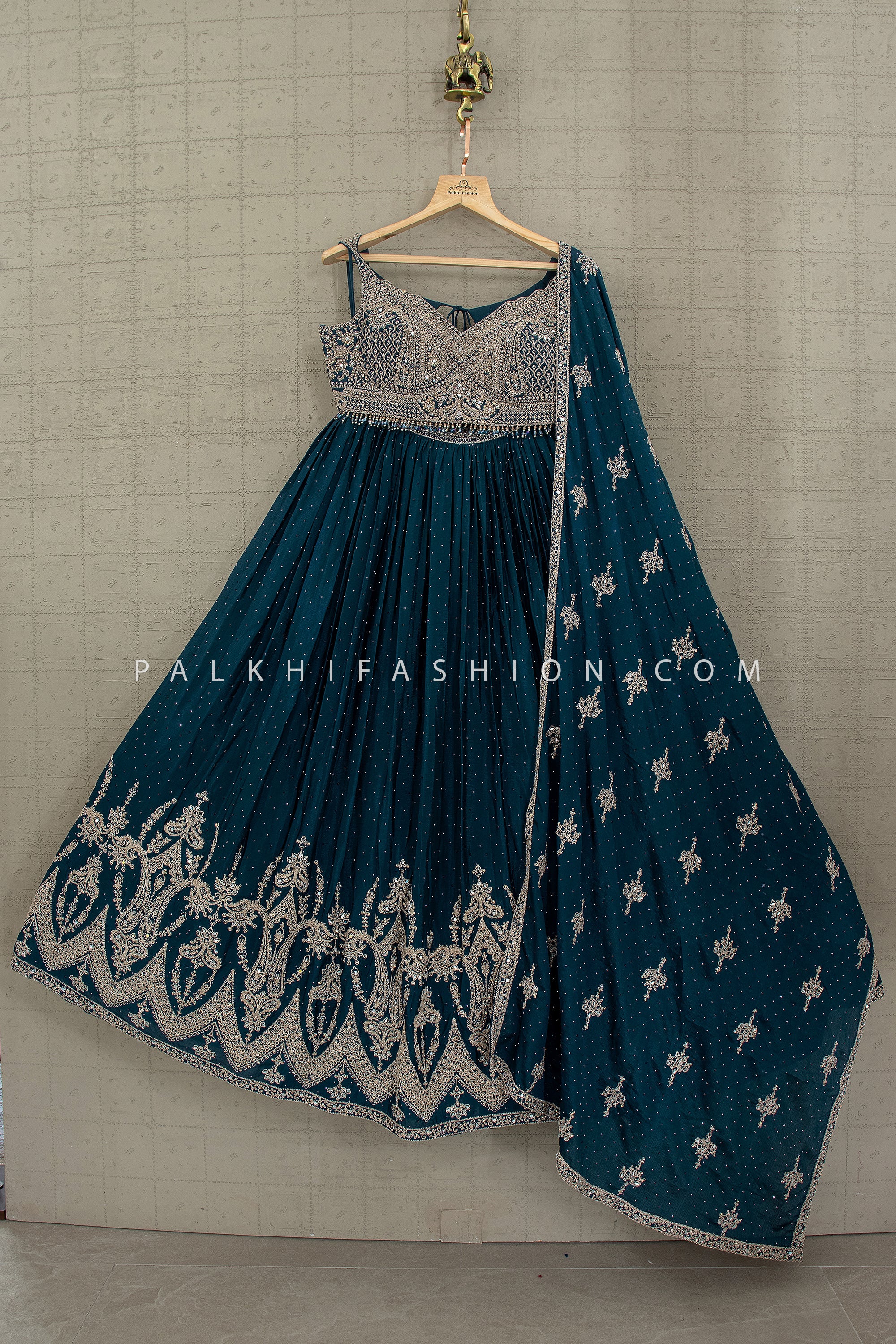 Teal Baroque Elegance – Deep Petrol Lehenga Choli with Hand Embellished Blouse | Palkhi Fashion