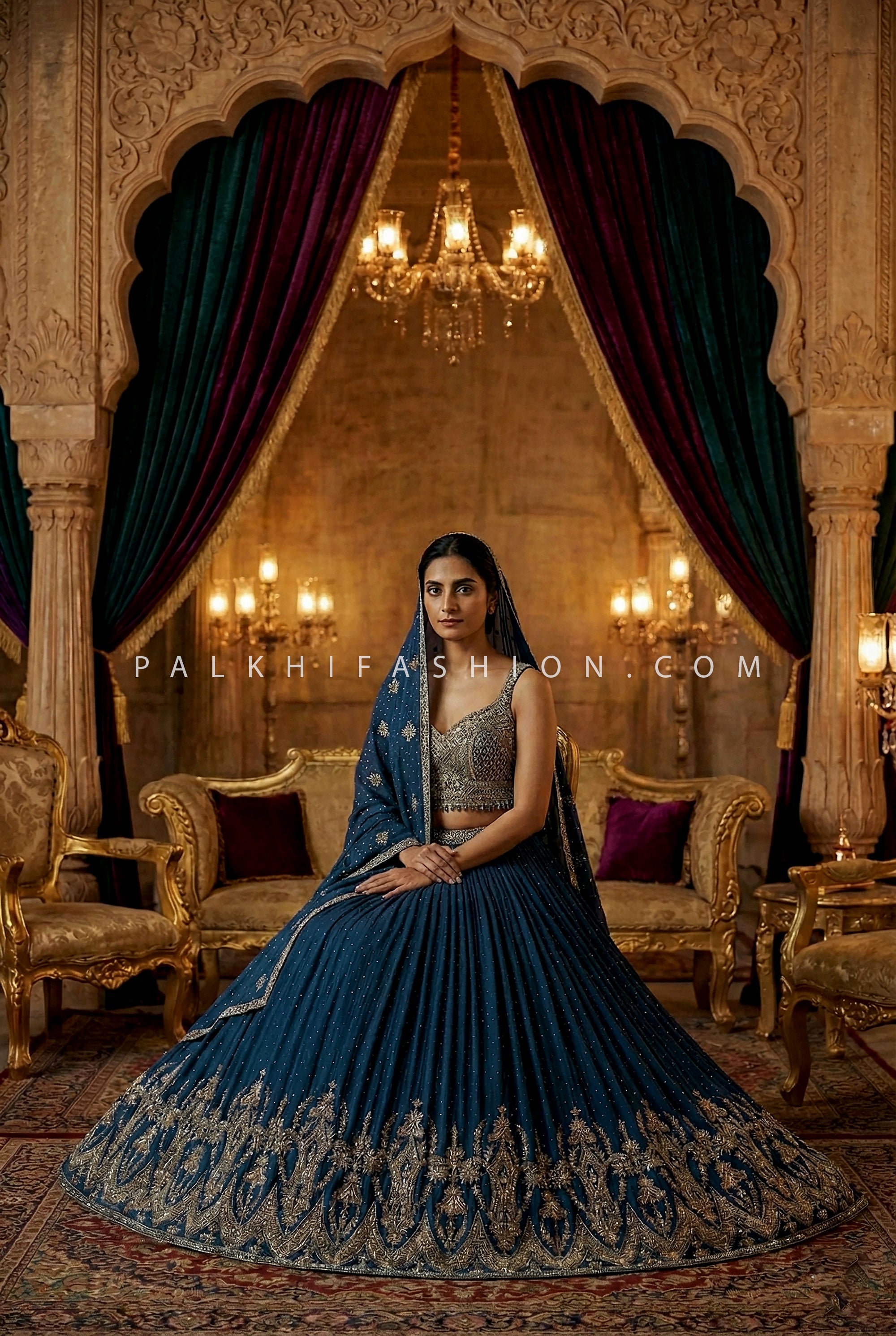 Teal Baroque Elegance – Deep Petrol Lehenga Choli with Hand Embellished Blouse | Palkhi Fashion
