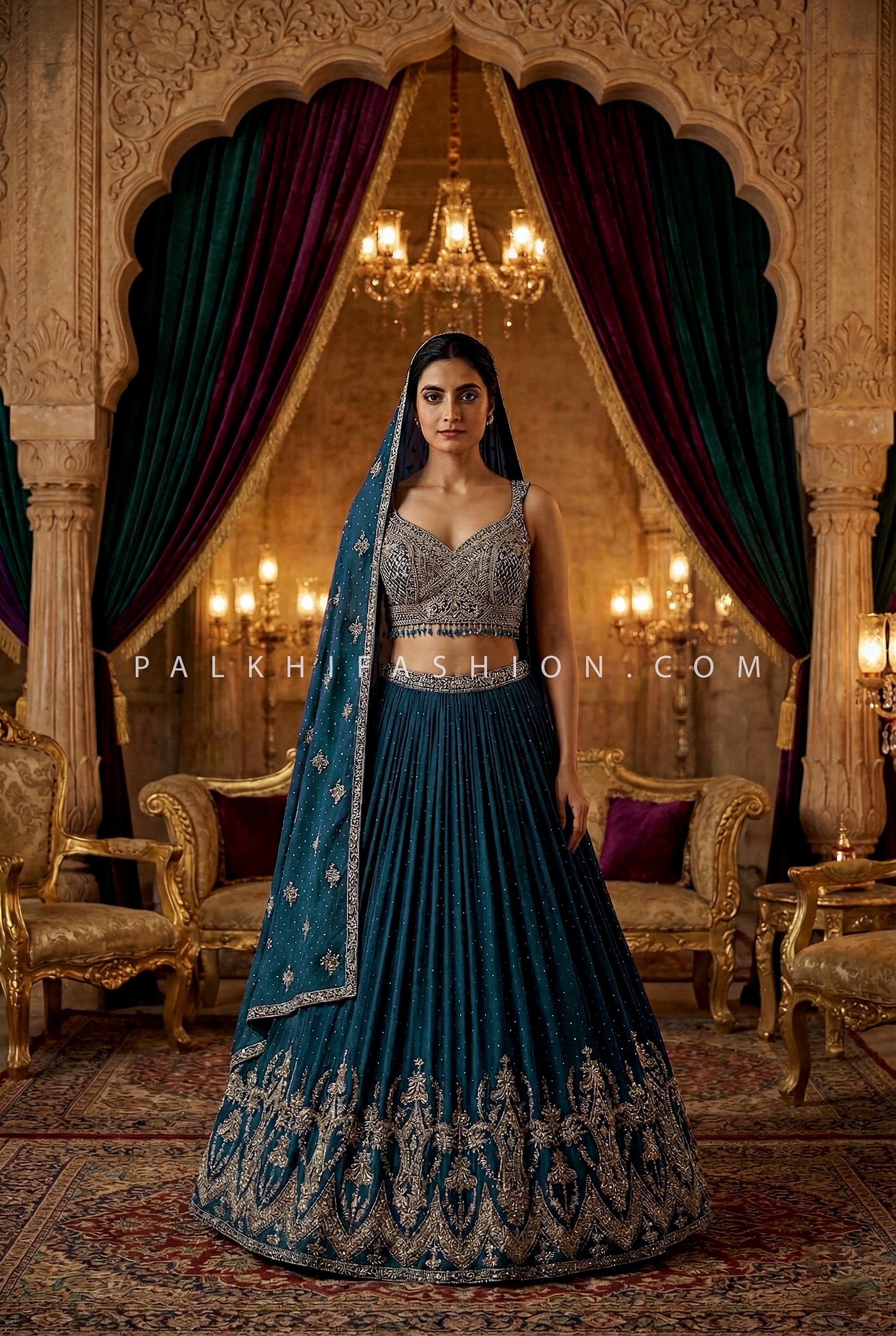 Teal Baroque Elegance – Deep Petrol Lehenga Choli with Hand Embellished Blouse | Palkhi Fashion