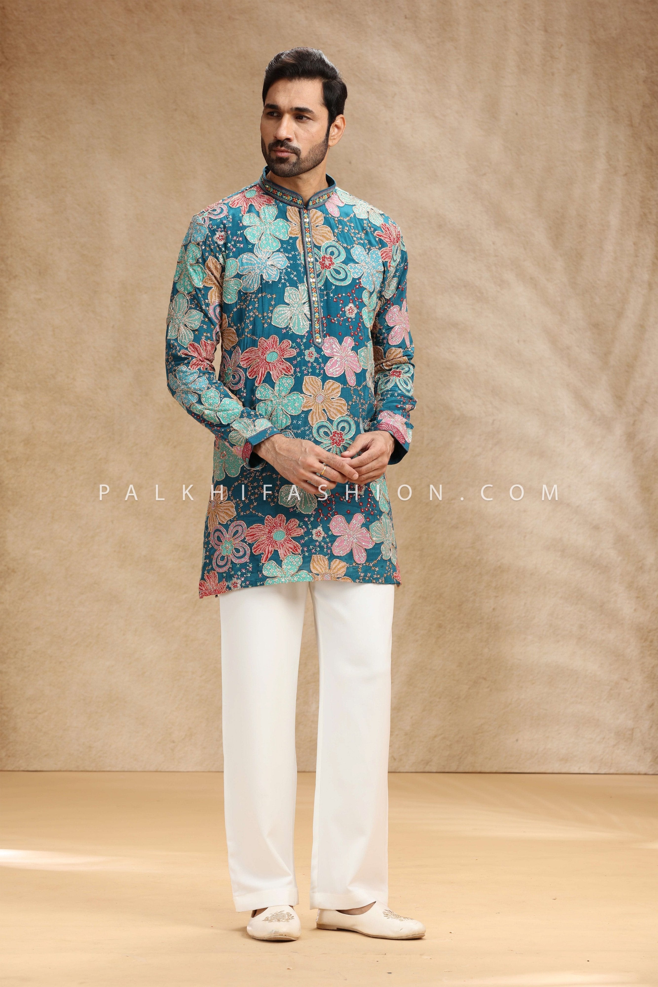 Teal Bloom: Men’s Designer Kurta Set with 3D Appliqué Florals & Aari Embroidery – Palkhi Fashion
