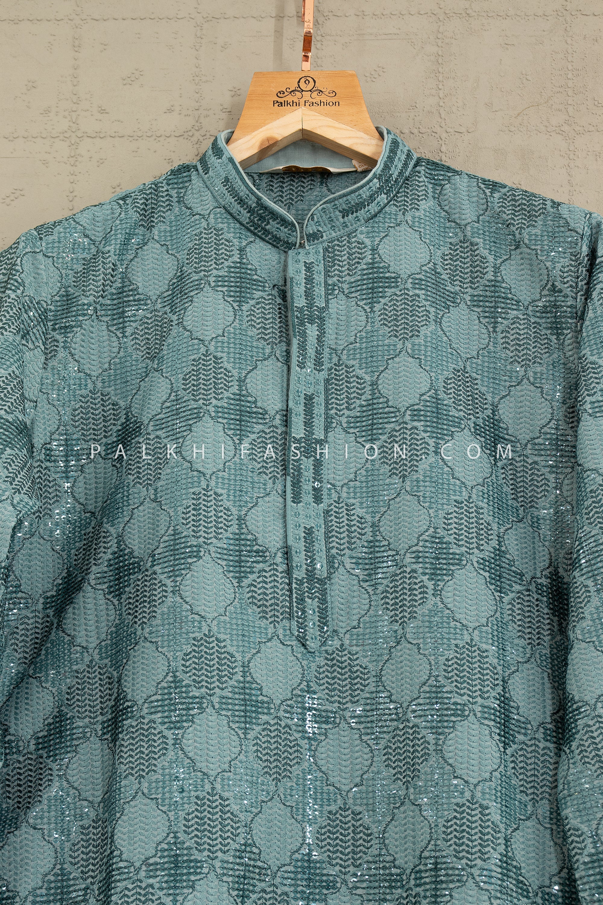 Teal Blue Sequin Embroidered Kurta Set with Off - White Pants – Palkhi Fashion