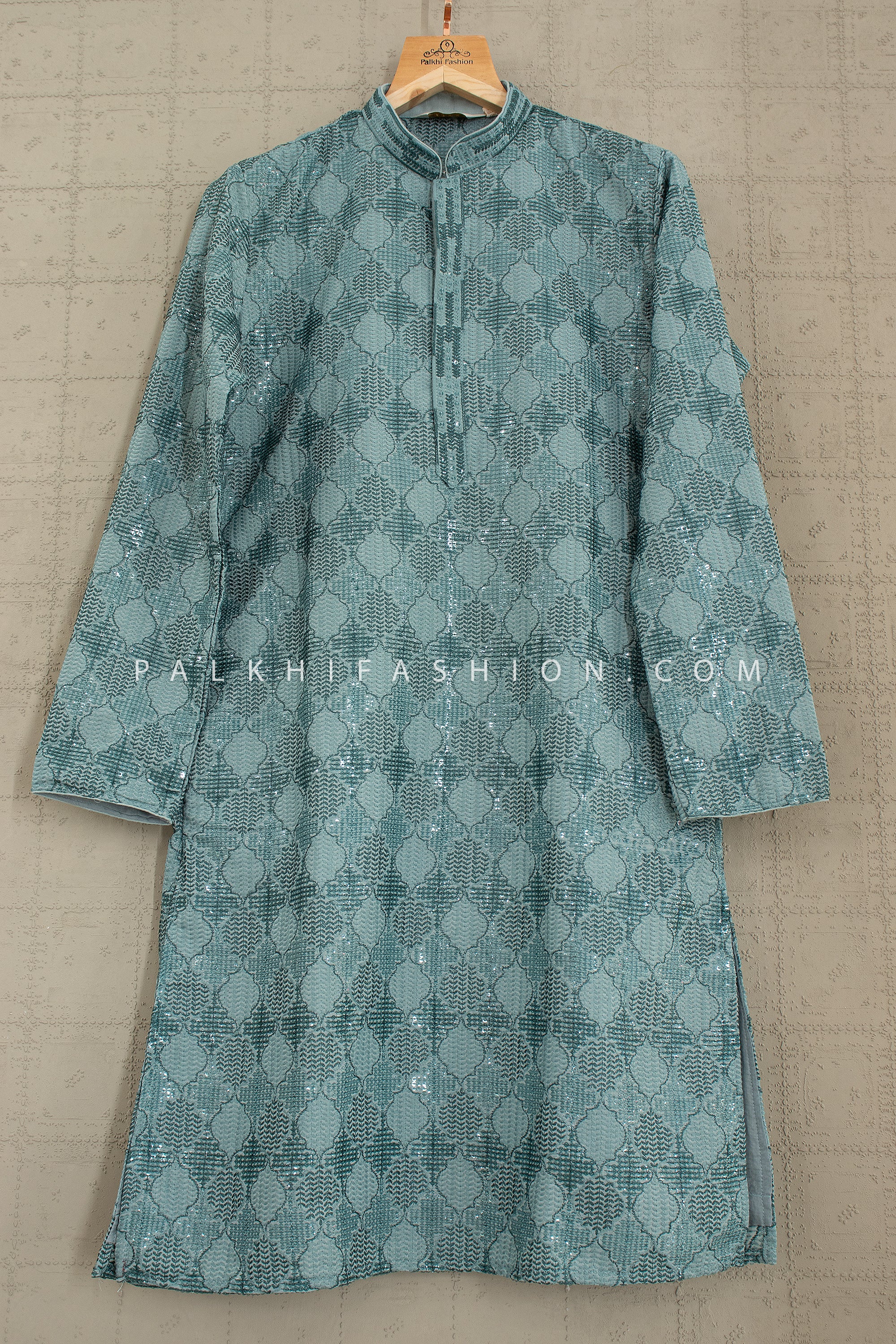 Teal Blue Sequin Embroidered Kurta Set with Off - White Pants – Palkhi Fashion