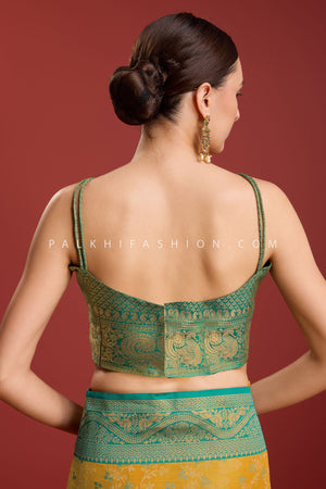 Teal & Mustard Kanjivaram Silk Saree with Elegant Weaving – Palkhi Fashion