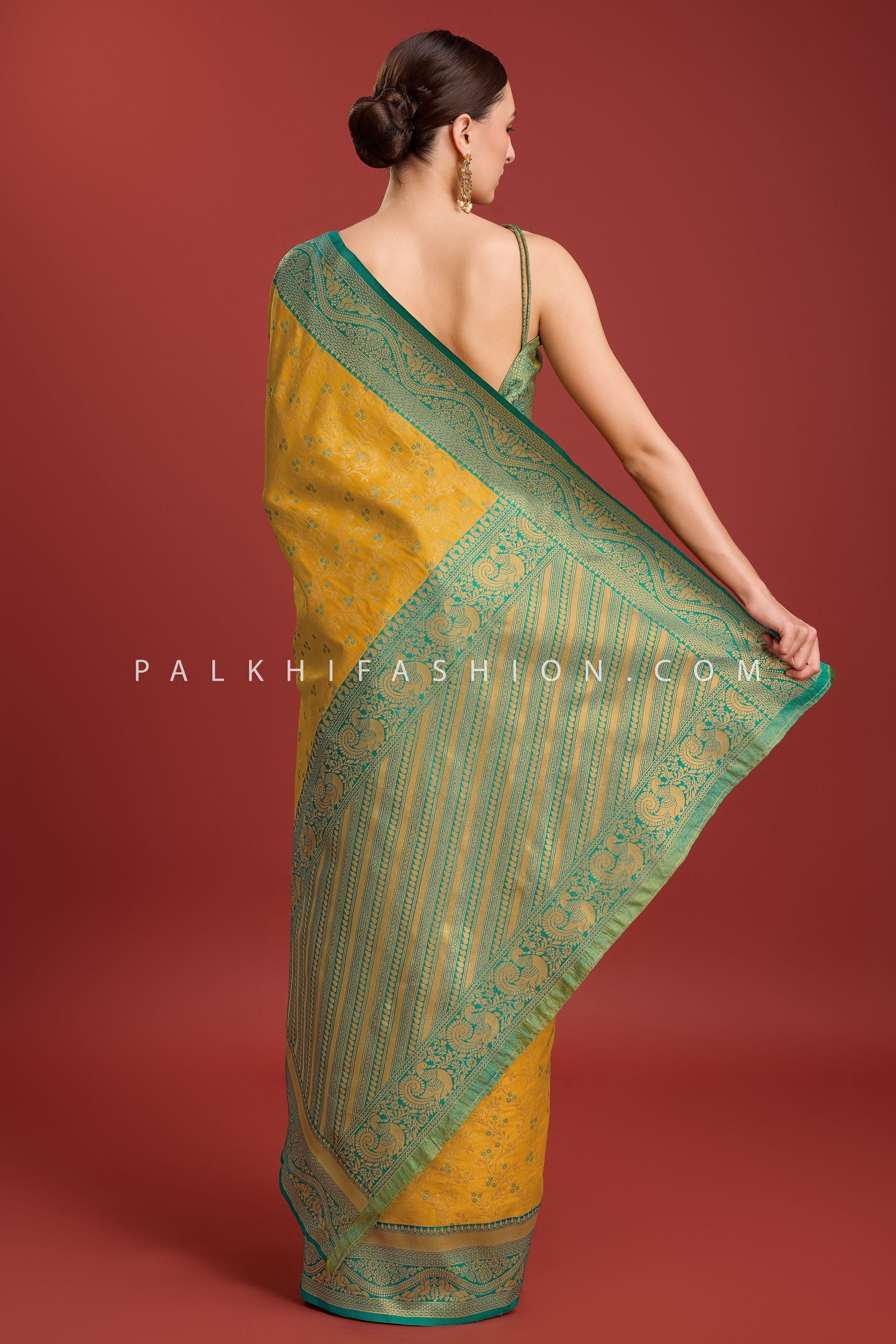Teal & Mustard Kanjivaram Silk Saree with Elegant Weaving – Palkhi Fashion