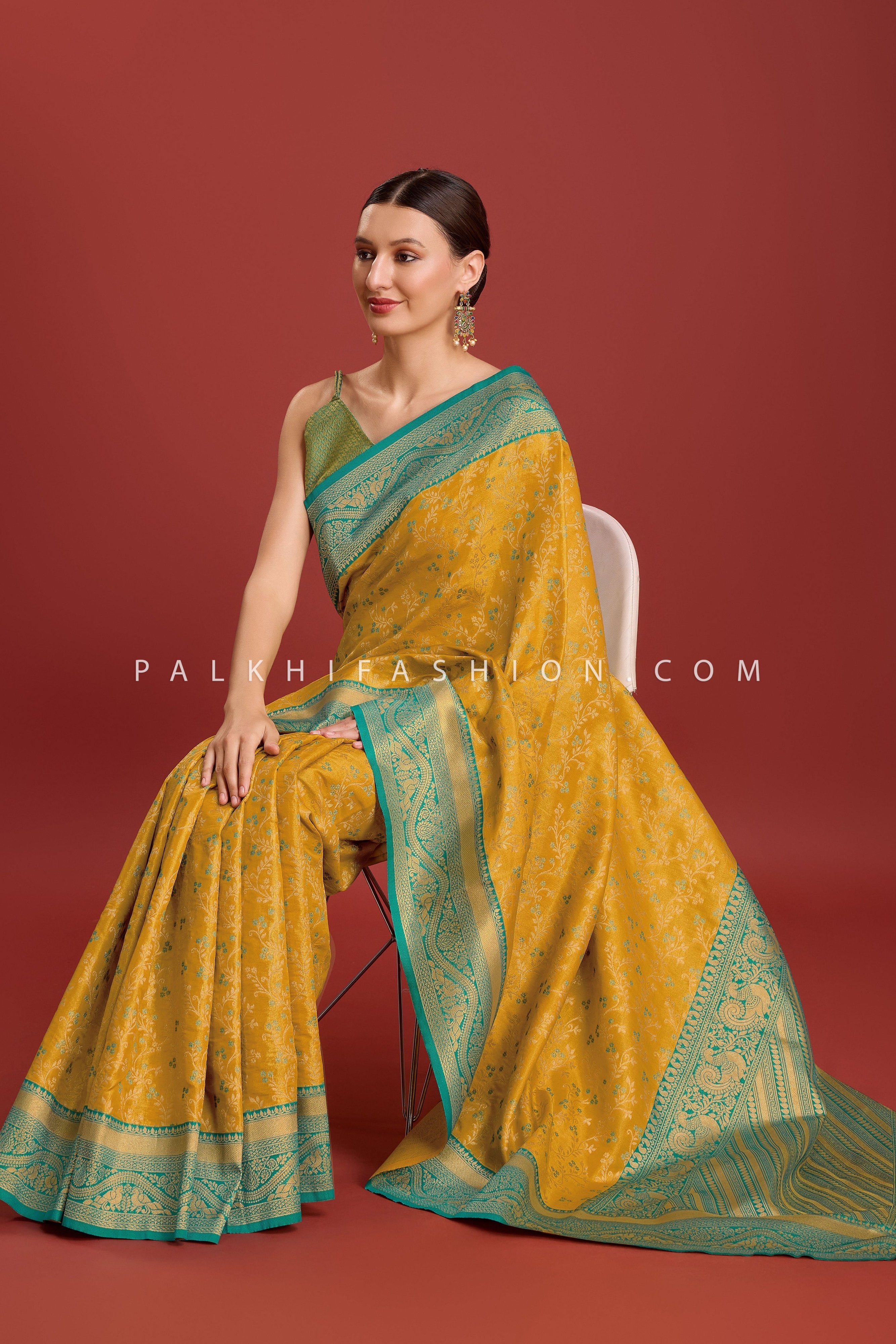 Teal & Mustard Kanjivaram Silk Saree with Elegant Weaving – Palkhi Fashion