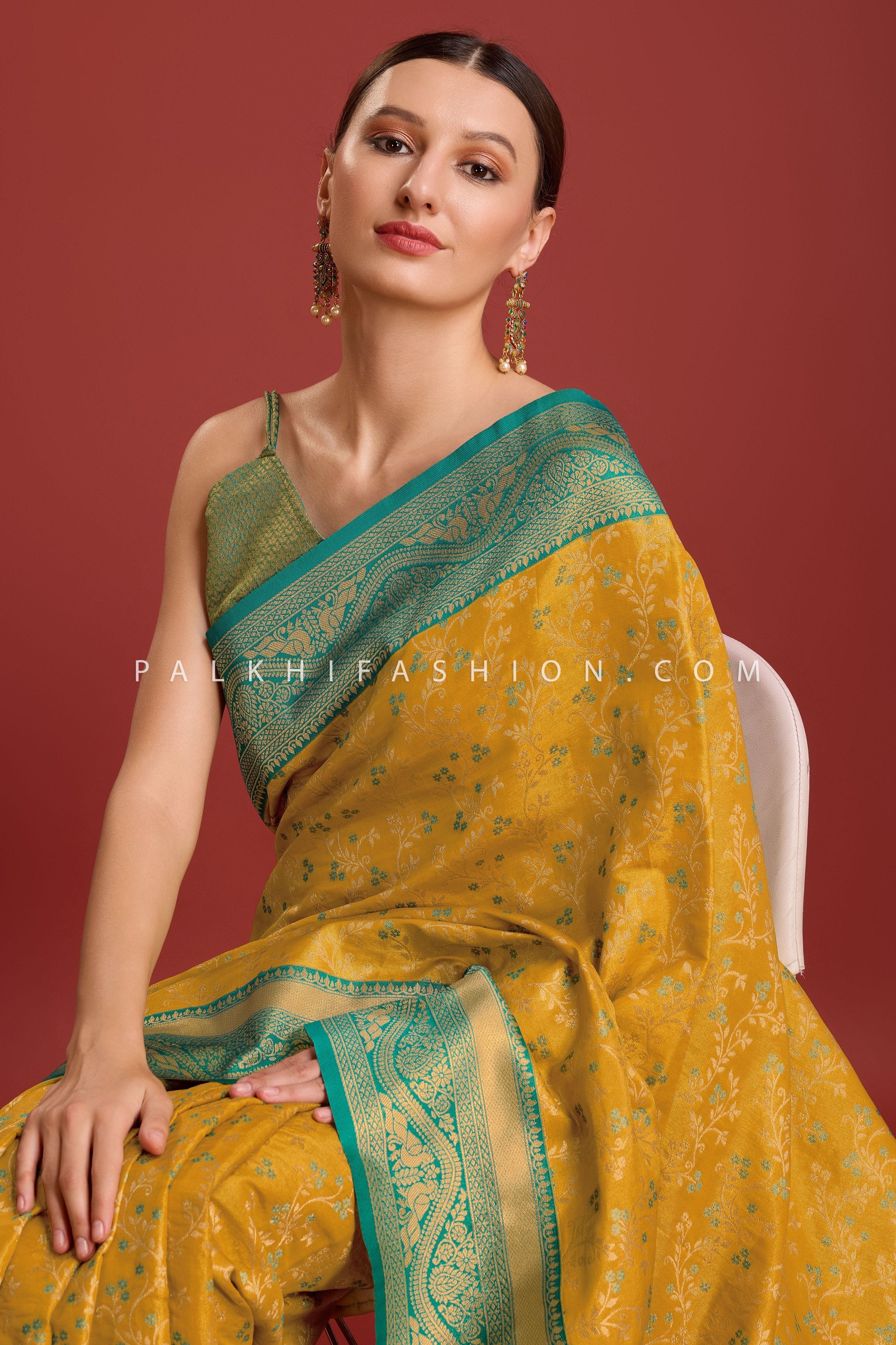 Teal & Mustard Kanjivaram Silk Saree with Elegant Weaving – Palkhi Fashion