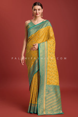Teal & Mustard Kanjivaram Silk Saree with Elegant Weaving – Palkhi Fashion