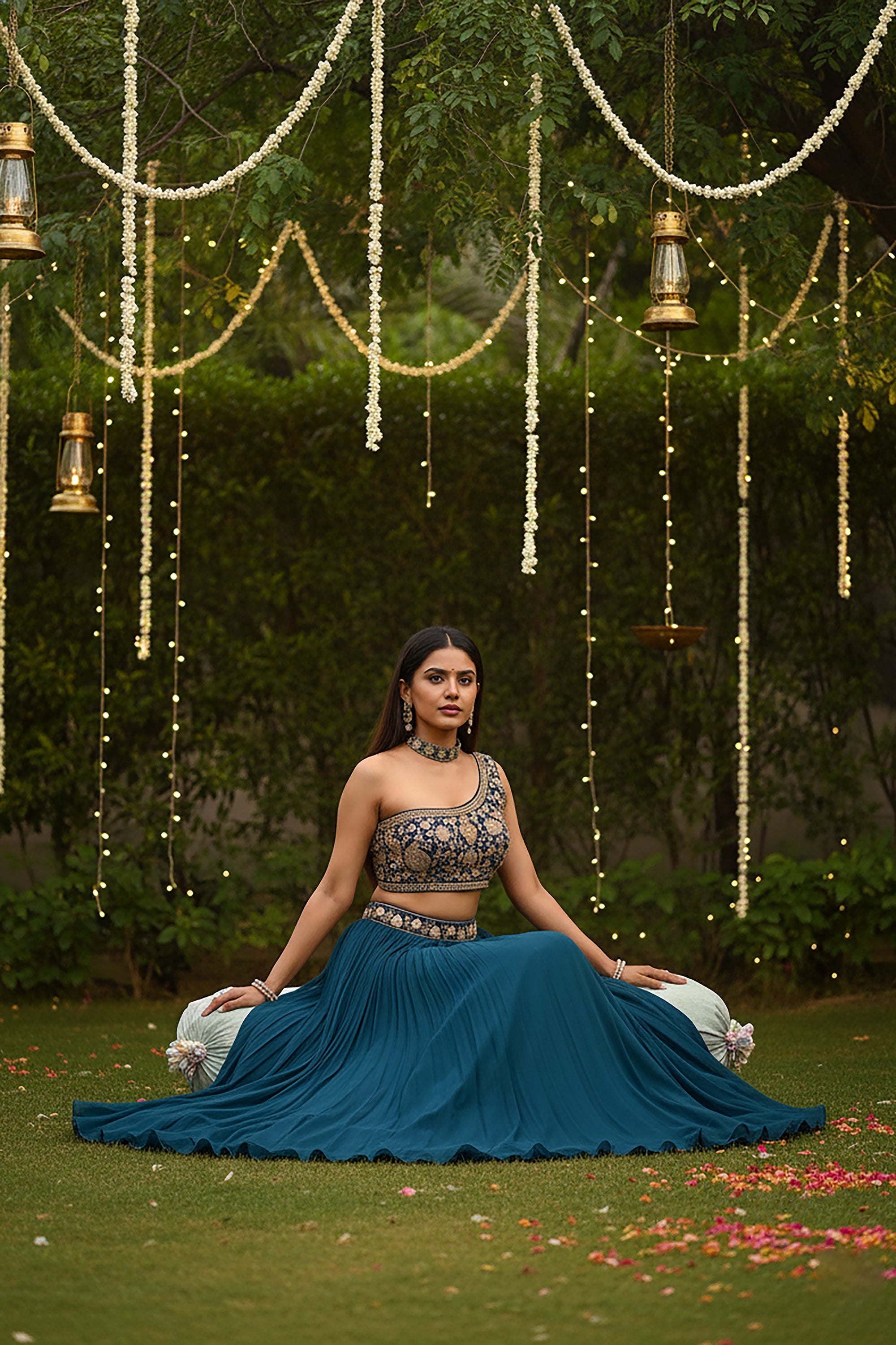 Teal Royale: One - Shoulder Mirror Work Lehenga Set – Palkhi Fashion