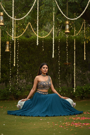 Teal Royale: One - Shoulder Mirror Work Lehenga Set – Palkhi Fashion