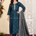 Teal Straight Suit with Pure Silk Embroidered Dupatta – Palkhi Fashion