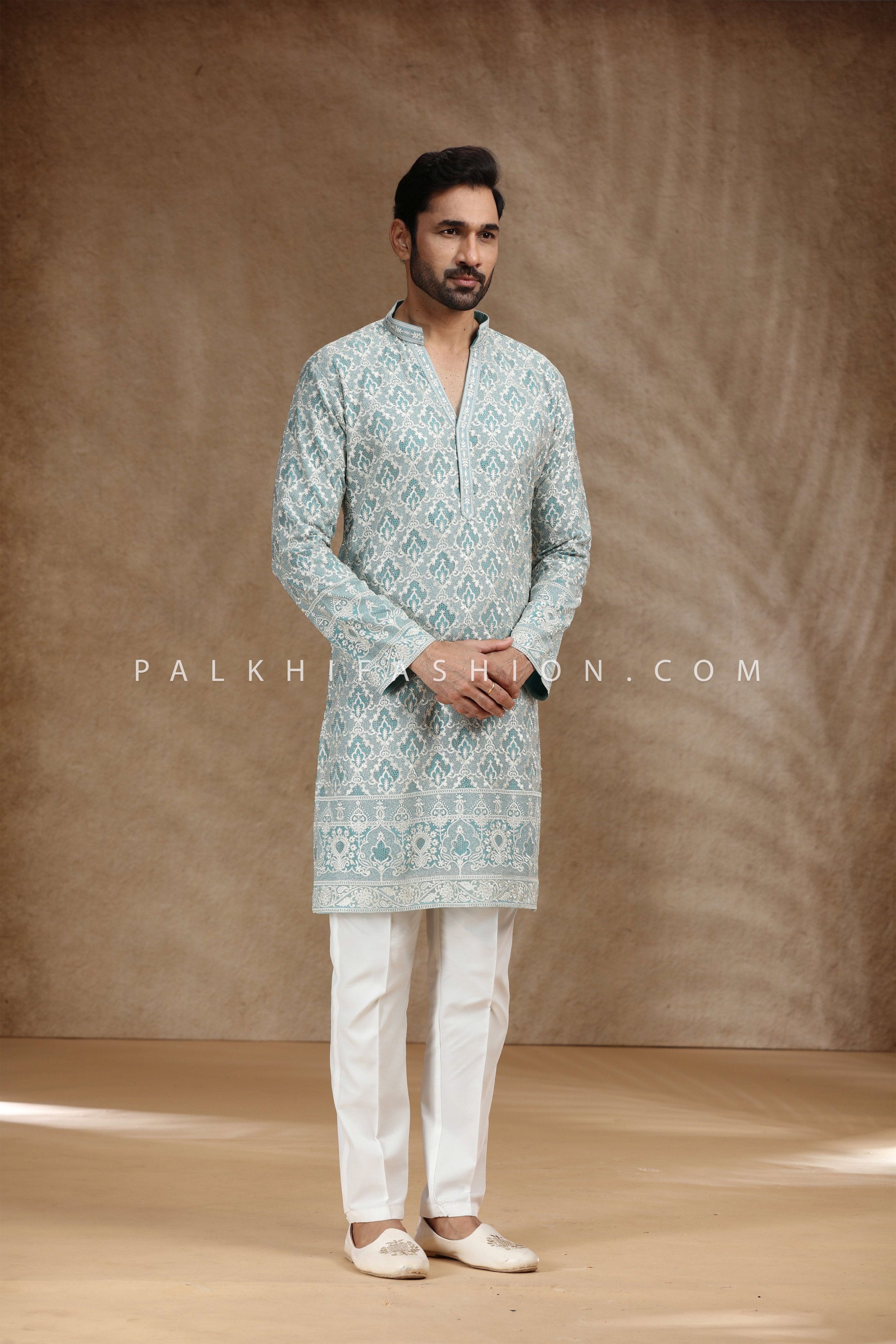Teal Taj Elegance: Light Teal Embroidered Kurta Pajama Set with Rhinestone Shine – Palkhi Fashion