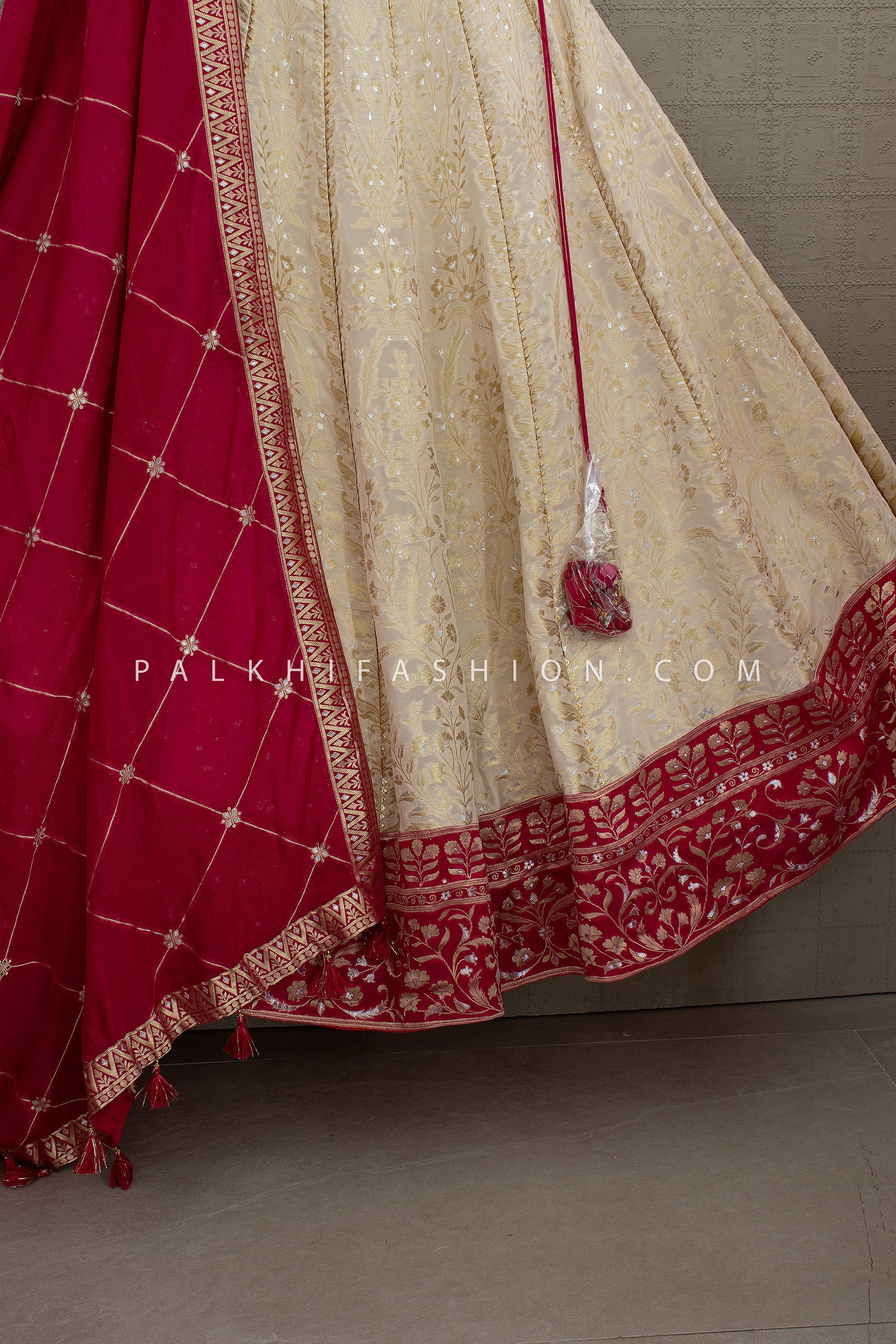 Timeless Banarasi Elegance - Champagne Banarasi Silk Lehenga with Rani Pink Designer Blouse