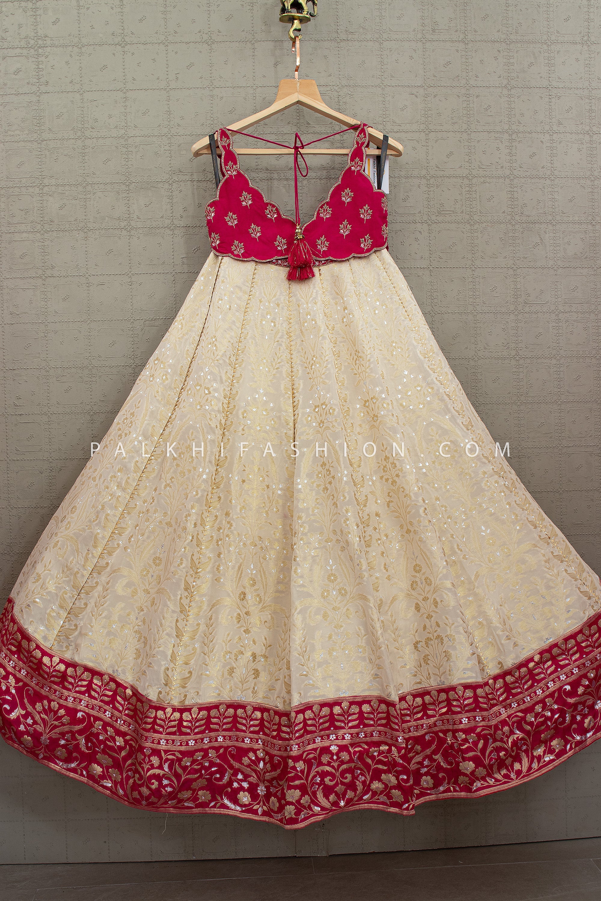 Timeless Banarasi Elegance - Champagne Banarasi Silk Lehenga with Rani Pink Designer Blouse