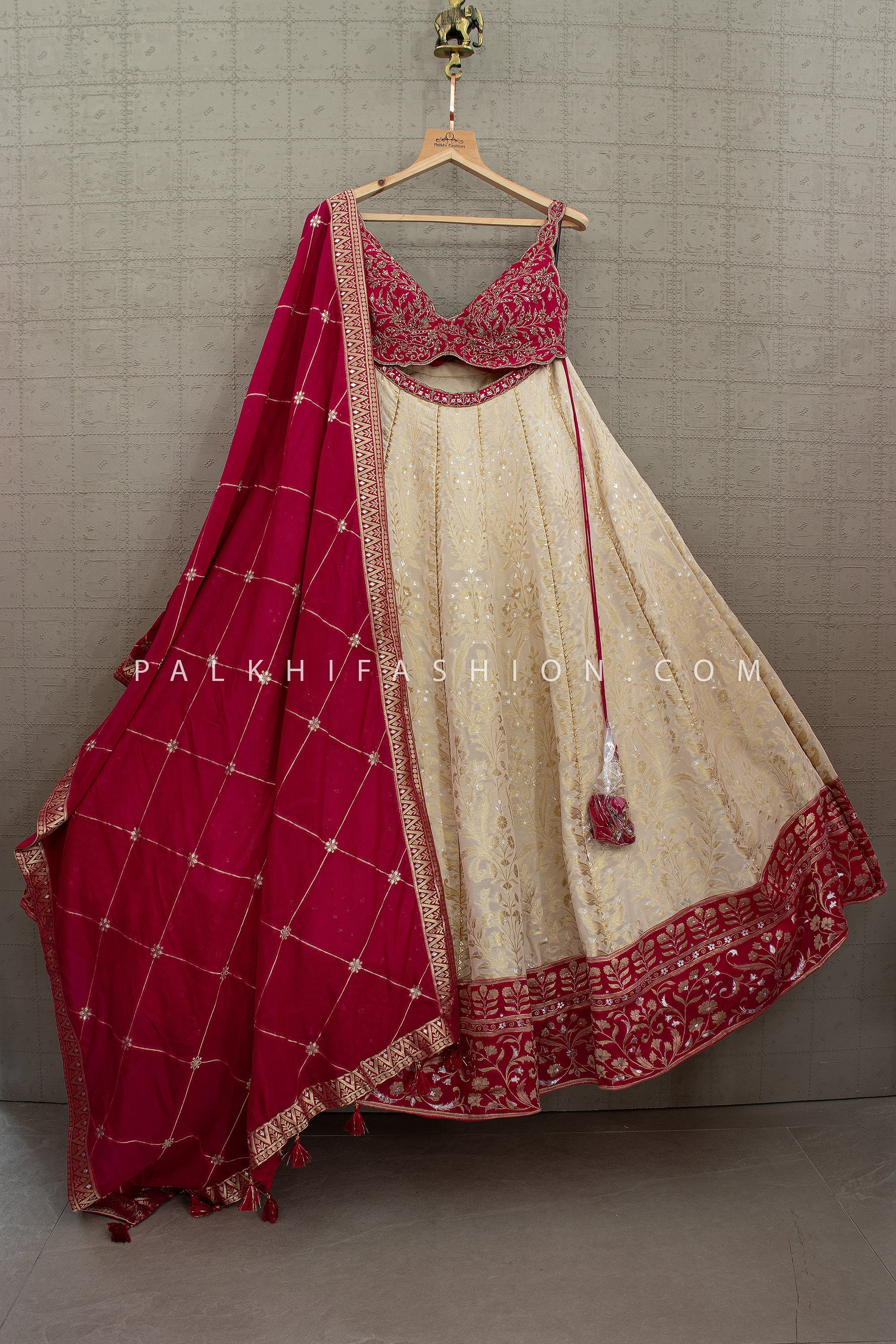 Timeless Banarasi Elegance - Champagne Banarasi Silk Lehenga with Rani Pink Designer Blouse