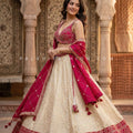 Timeless Banarasi Elegance - Champagne Banarasi Silk Lehenga with Rani Pink Designer Blouse
