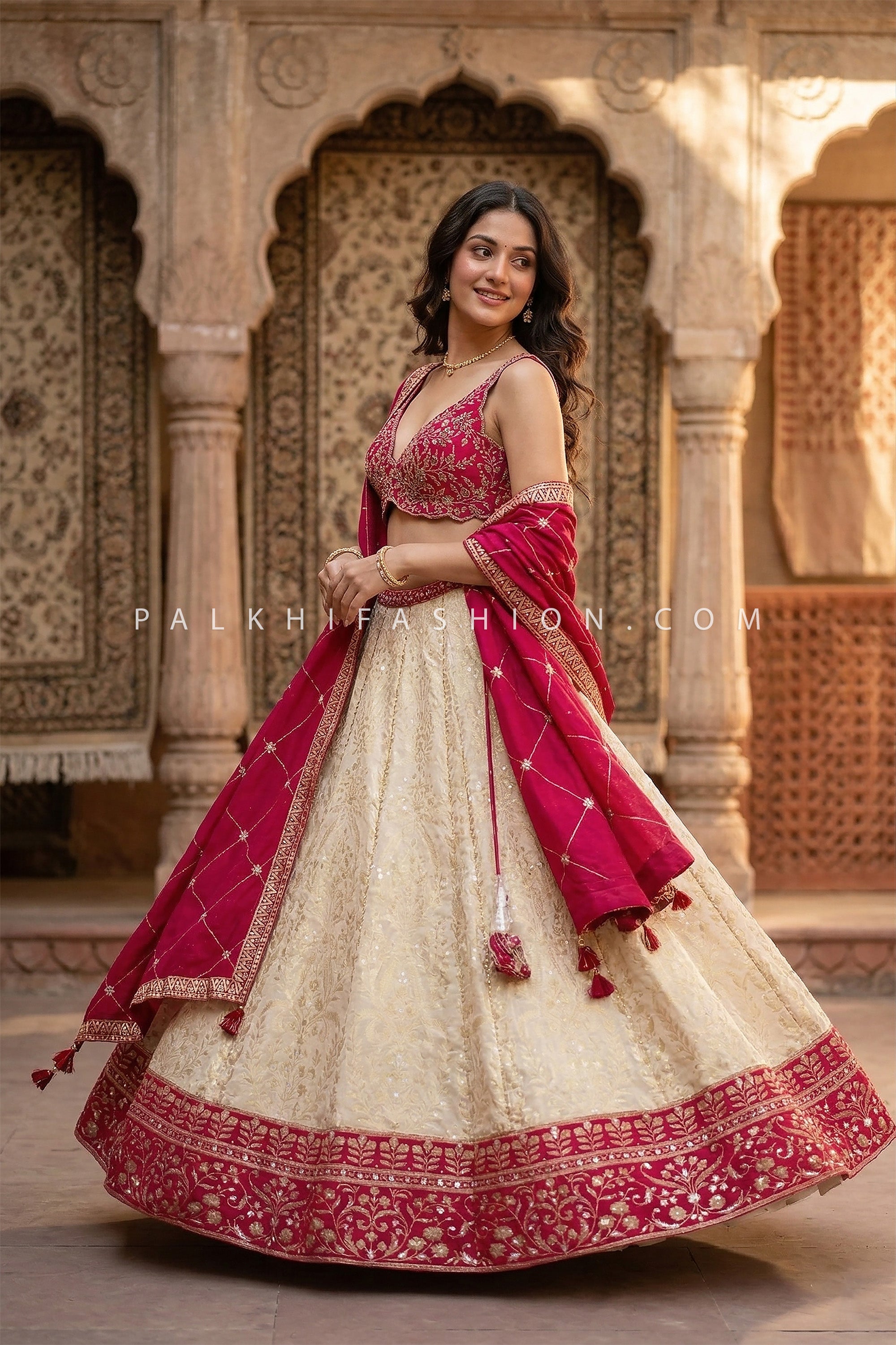 Timeless Banarasi Elegance - Champagne Banarasi Silk Lehenga with Rani Pink Designer Blouse