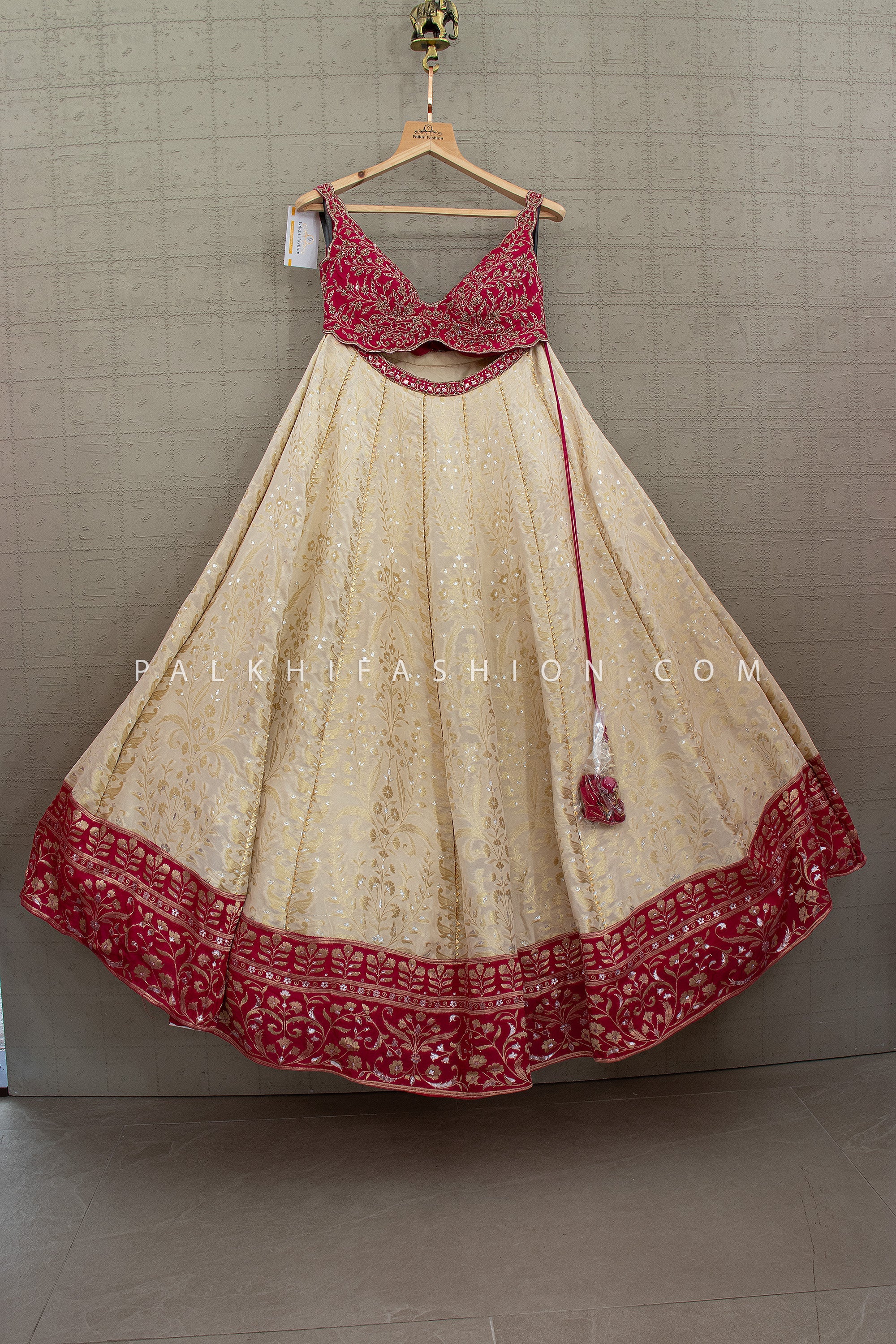 Timeless Banarasi Elegance - Champagne Banarasi Silk Lehenga with Rani Pink Designer Blouse
