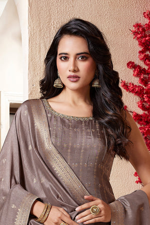 Timeless Deep Mauve Anarkali Palazzo Suit with Banarasi Weaving – Palkhi Fashion
