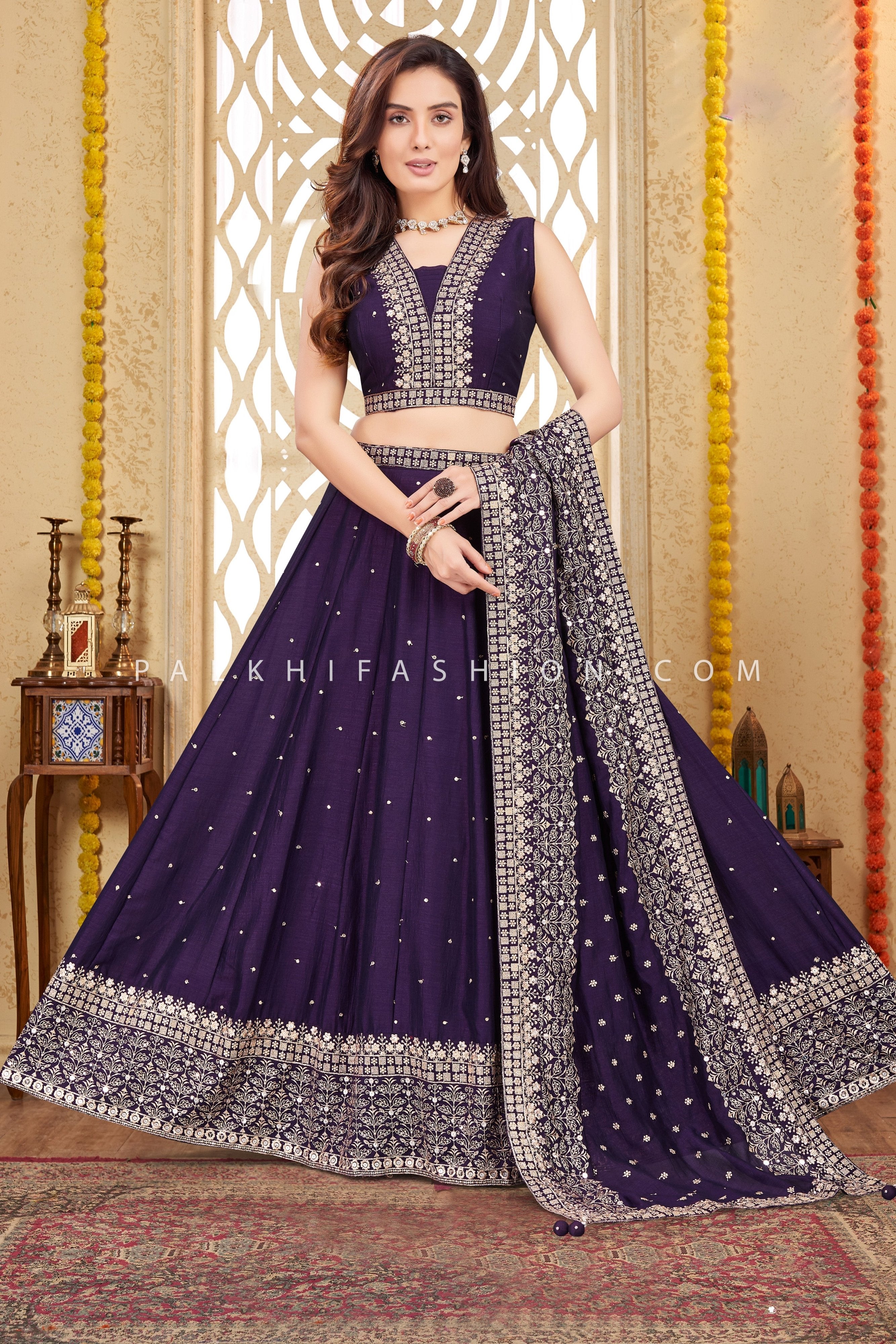 Timeless Elegance: Embroidered Silk Lehenga Choli – Palkhi Fashion