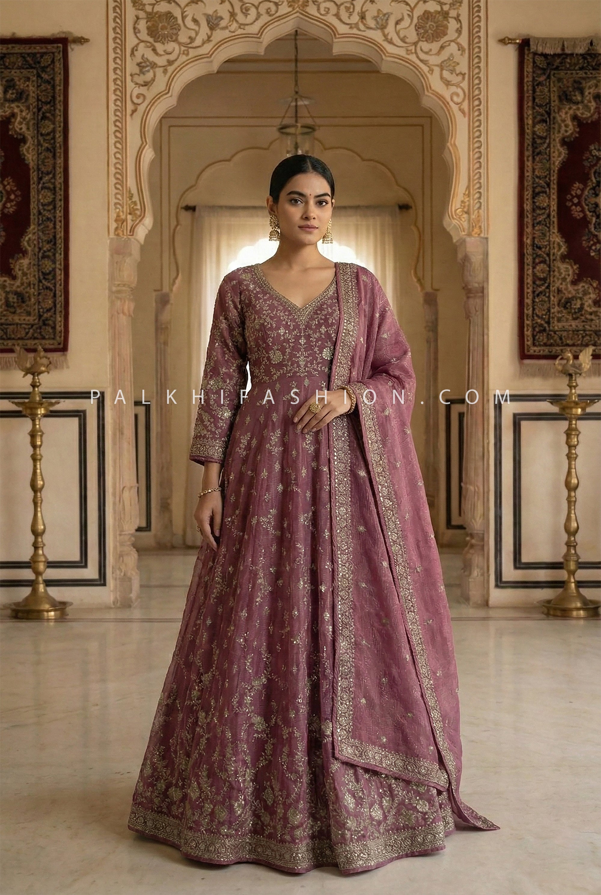 Timeless Elegance - Mauve Rose Embroidered Organza Designer Gown | Palkhi Fashion