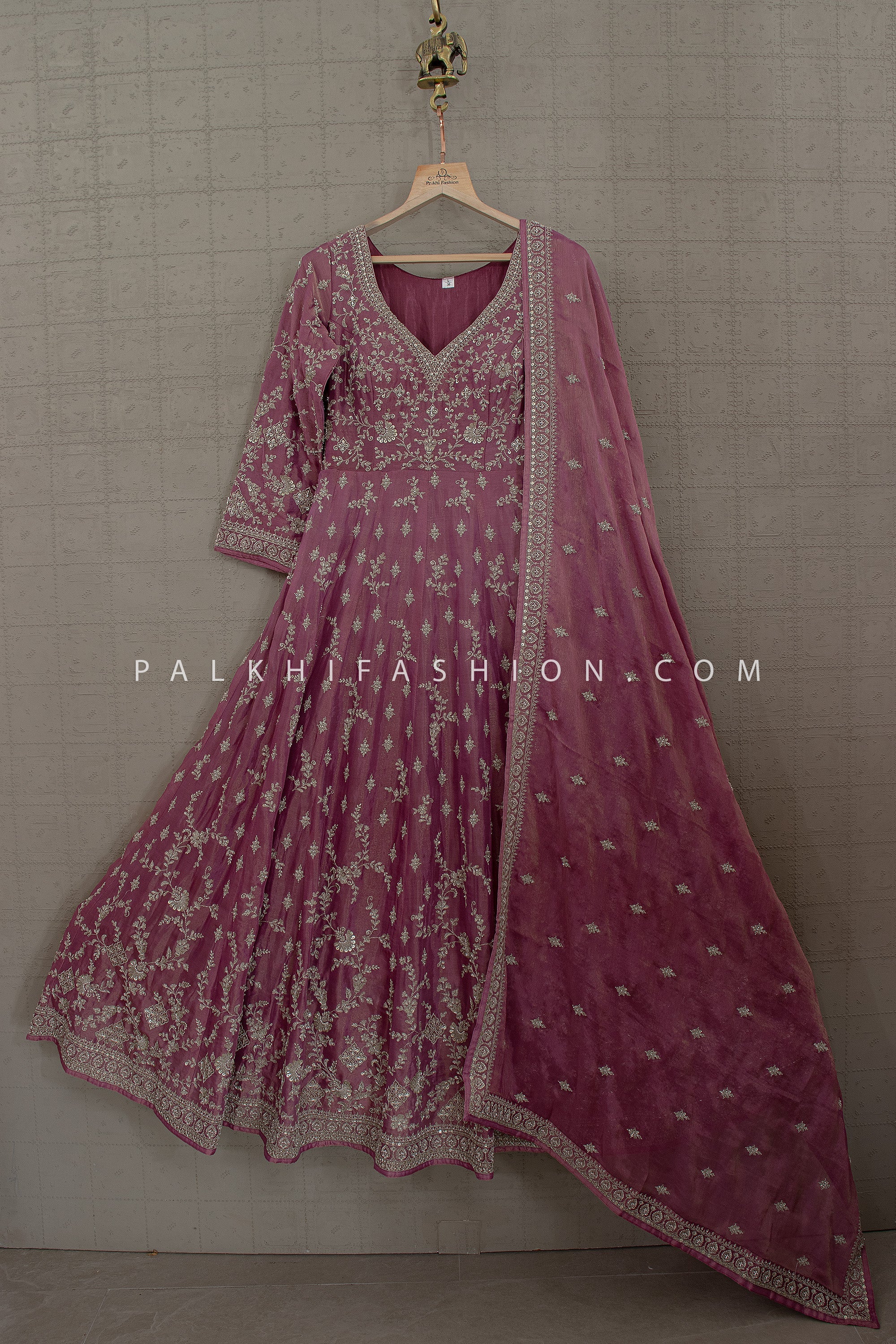 Timeless Elegance - Mauve Rose Embroidered Organza Designer Gown | Palkhi Fashion