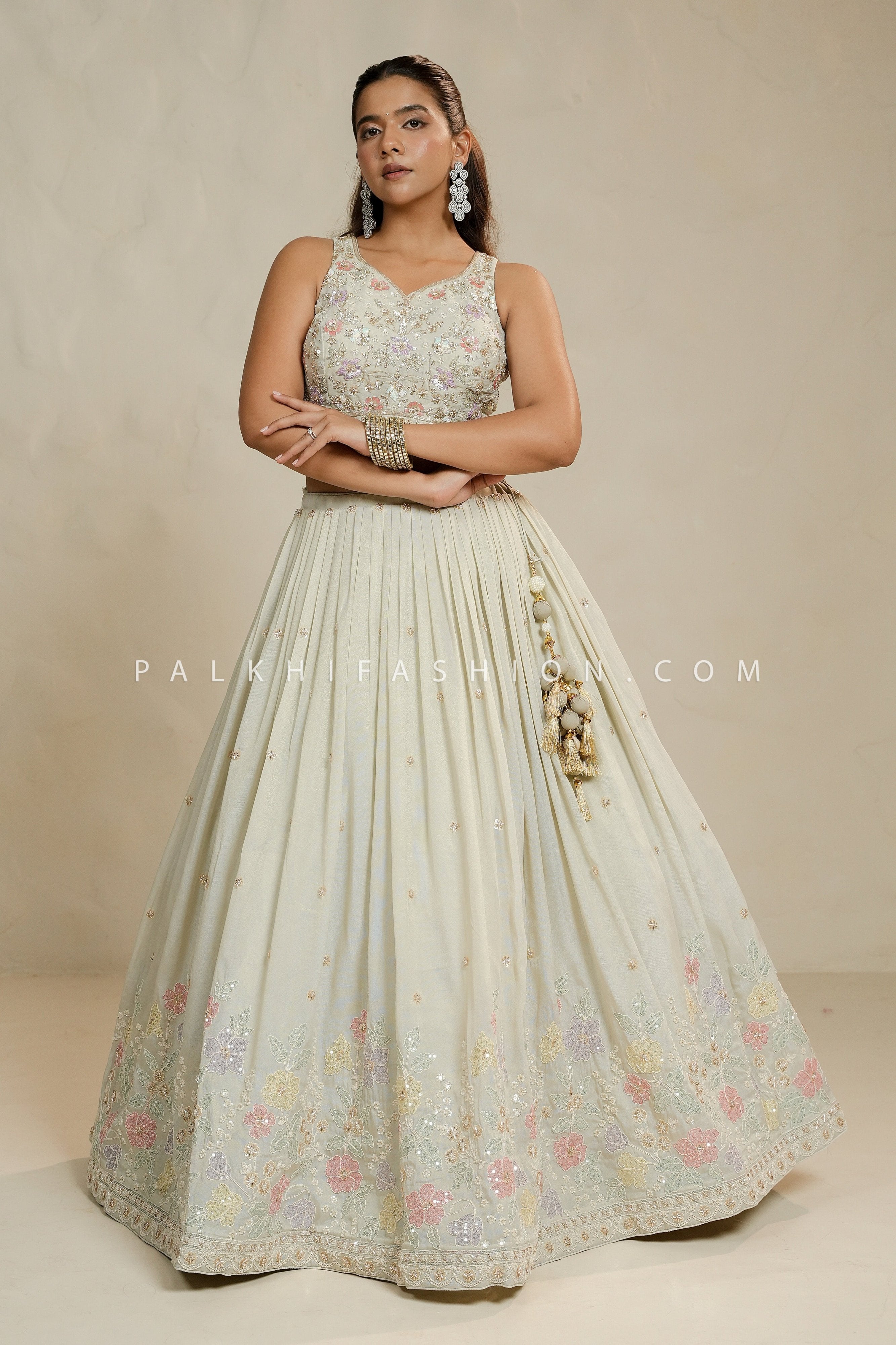 Timeless Elegance: Offwhite Designer Lehenga Choli with Bead & Stone Work – Palkhi Fashion