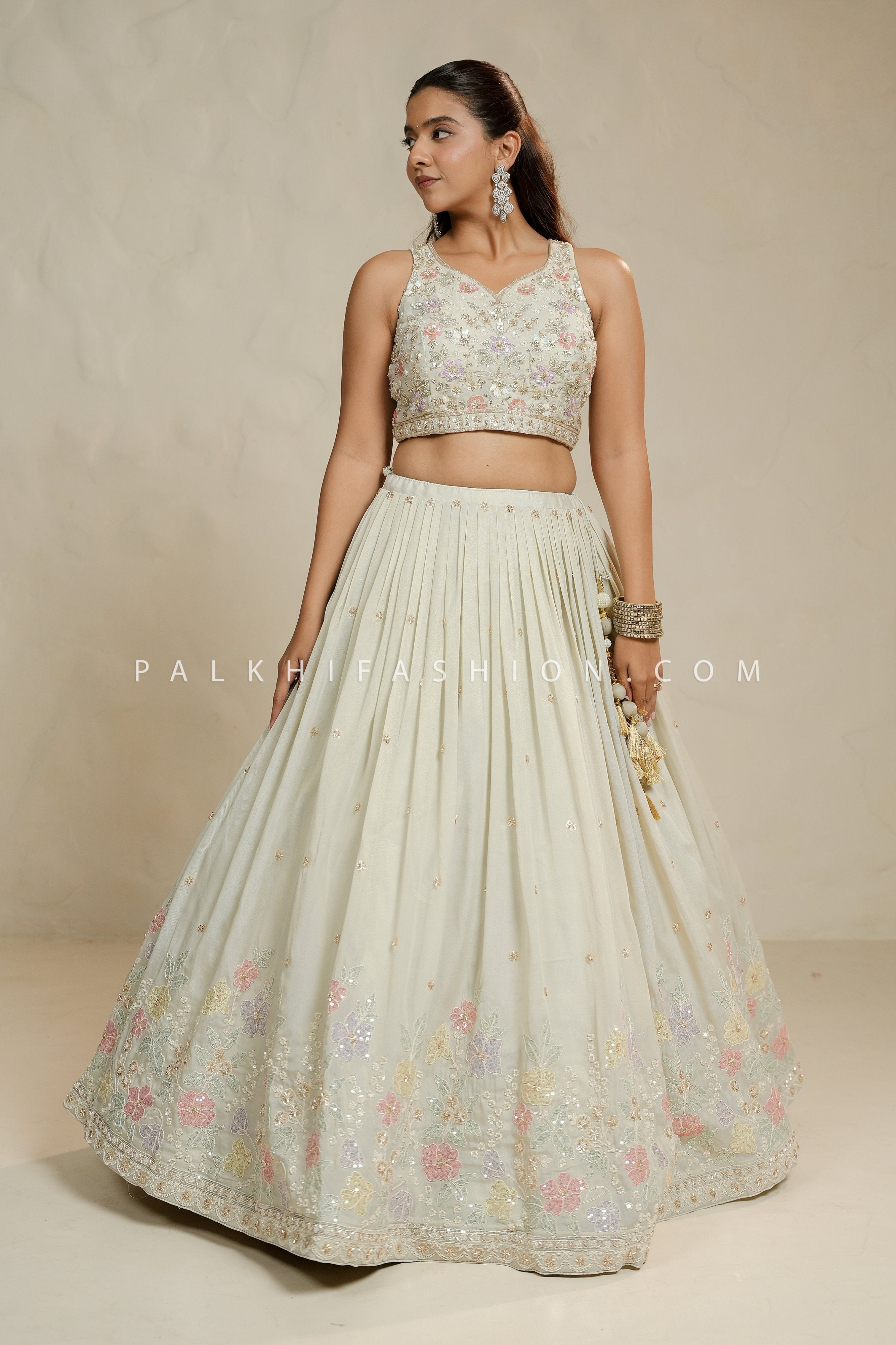 Timeless Elegance: Offwhite Designer Lehenga Choli with Bead & Stone Work – Palkhi Fashion