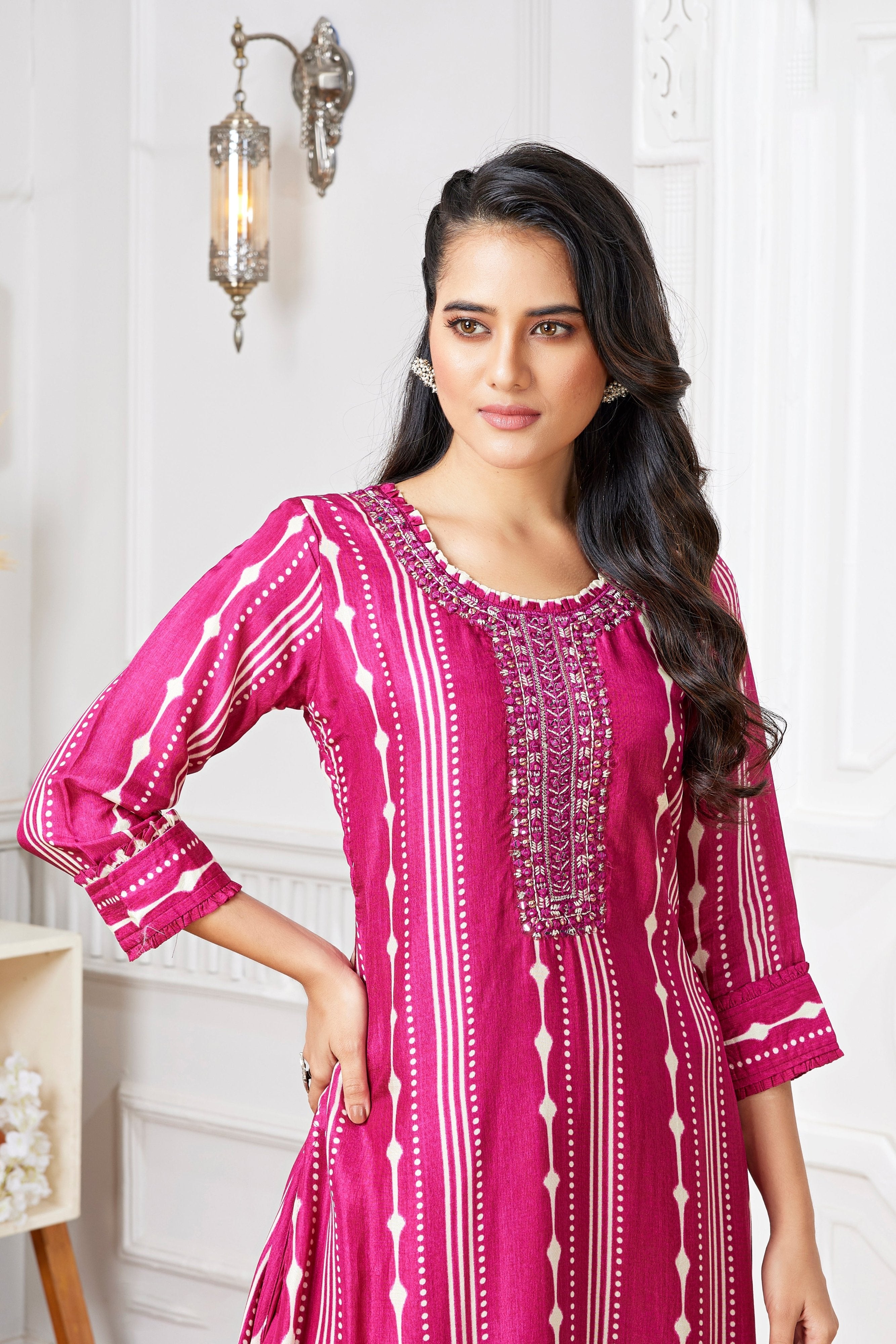 Timeless Glam: Designer Rani Pink Salwar Kameez with Ikat & Mirror Work