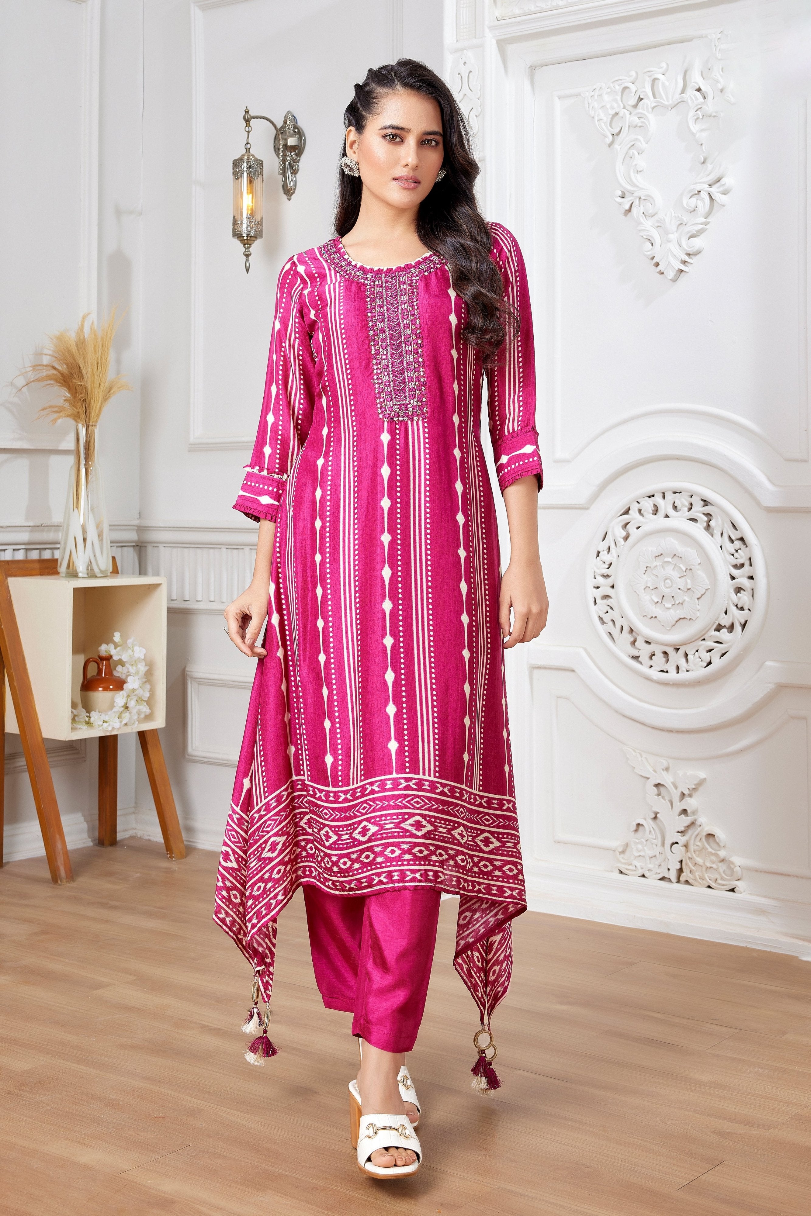 Timeless Glam: Designer Rani Pink Salwar Kameez with Ikat & Mirror Work