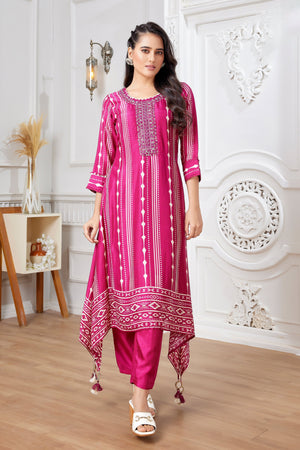 Timeless Glam: Designer Rani Pink Salwar Kameez with Ikat & Mirror Work