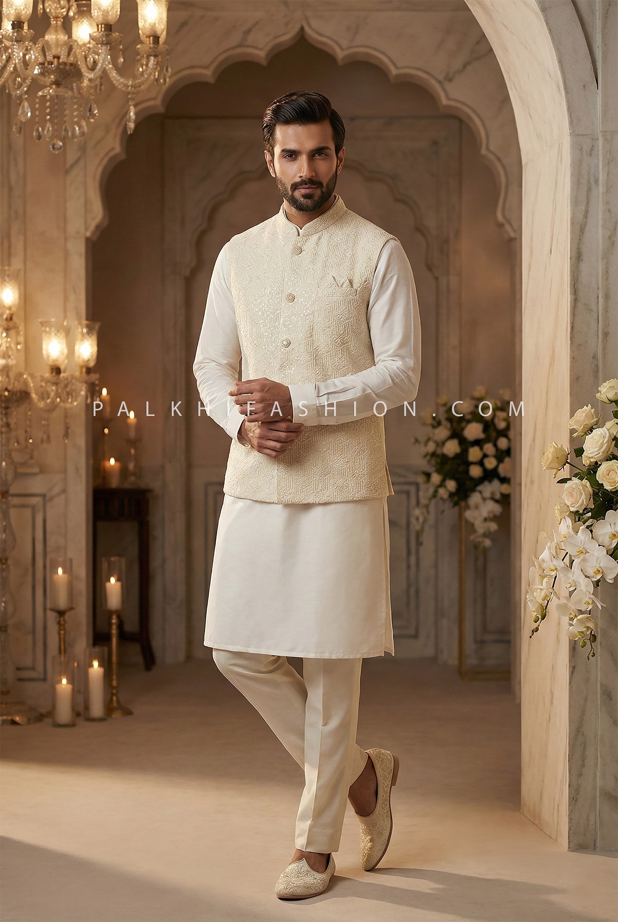 Timeless Royal Classic - White Silk Kurta with Lakhnavi Jacket – Palkhi Fashion